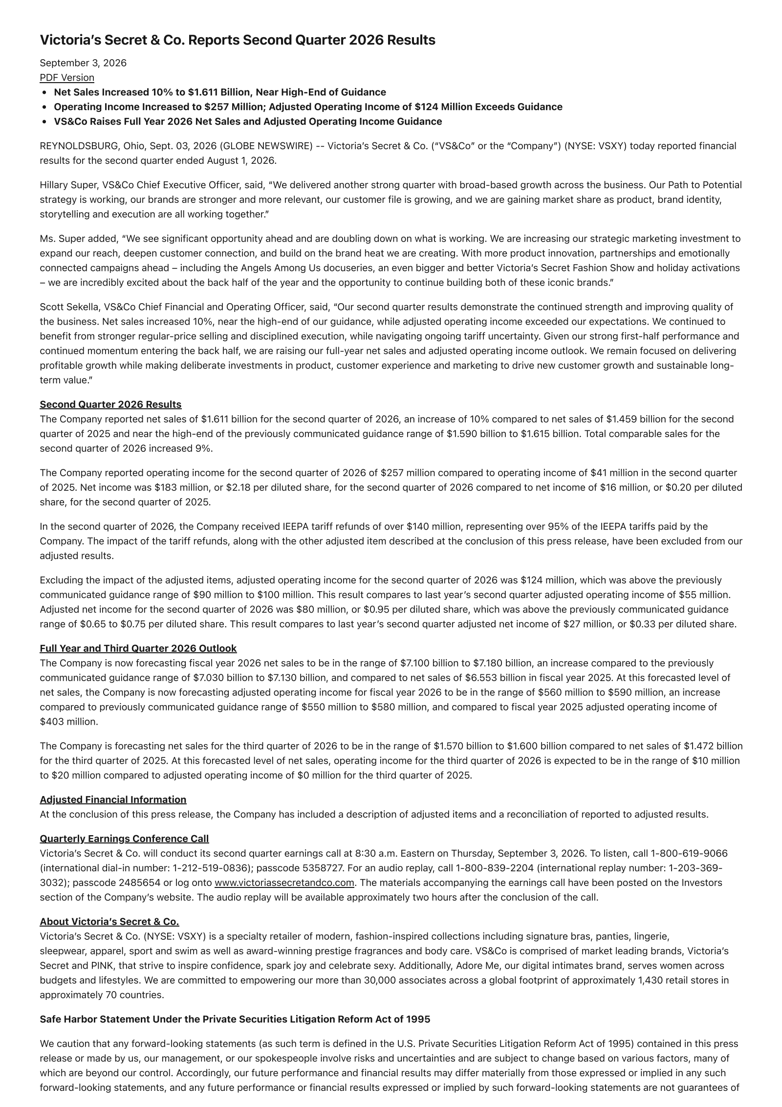 Victoria's Secret & Co.'s Q2 2026 Press Release
