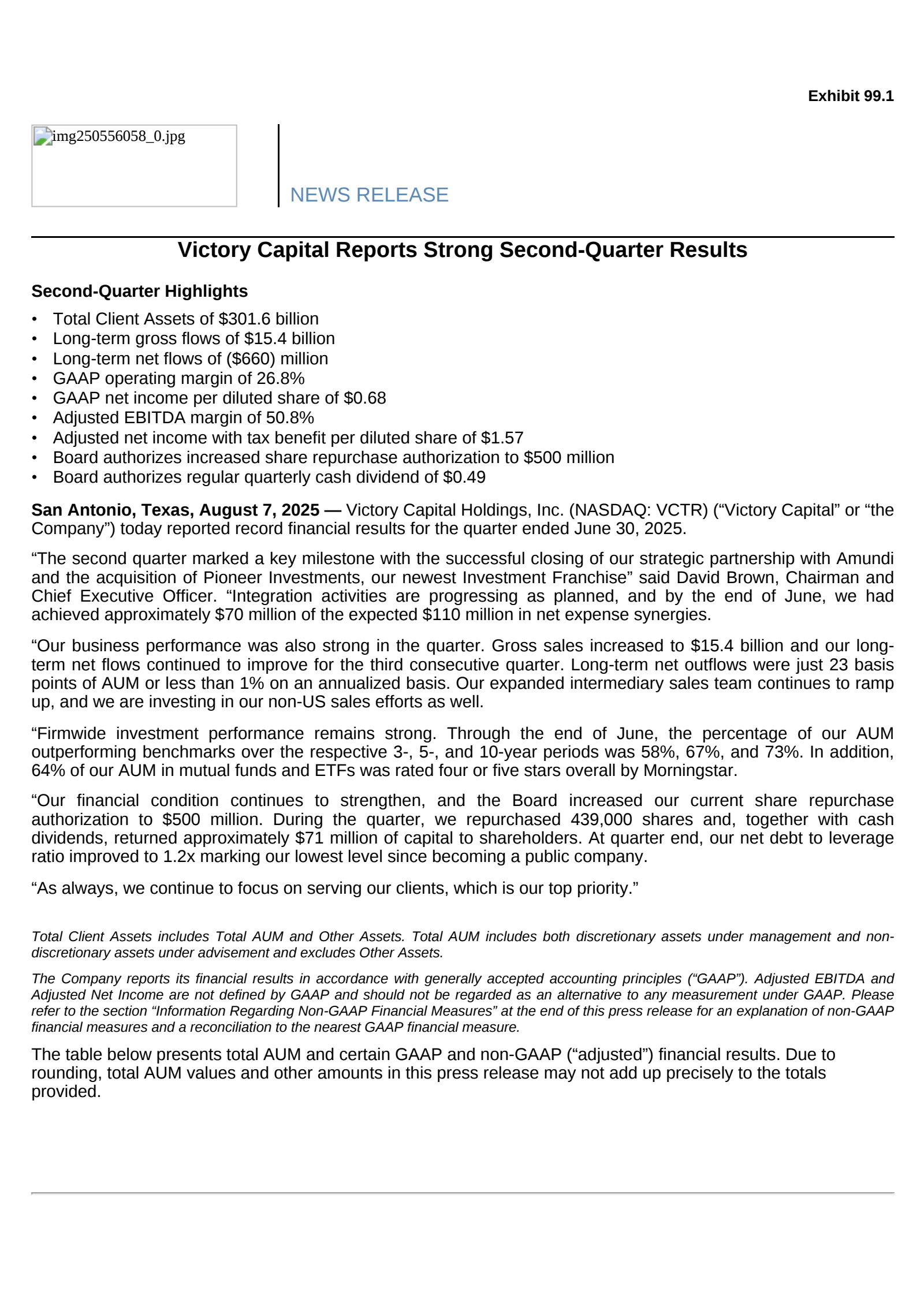 Victory Capital's Q2 2025 Press Release