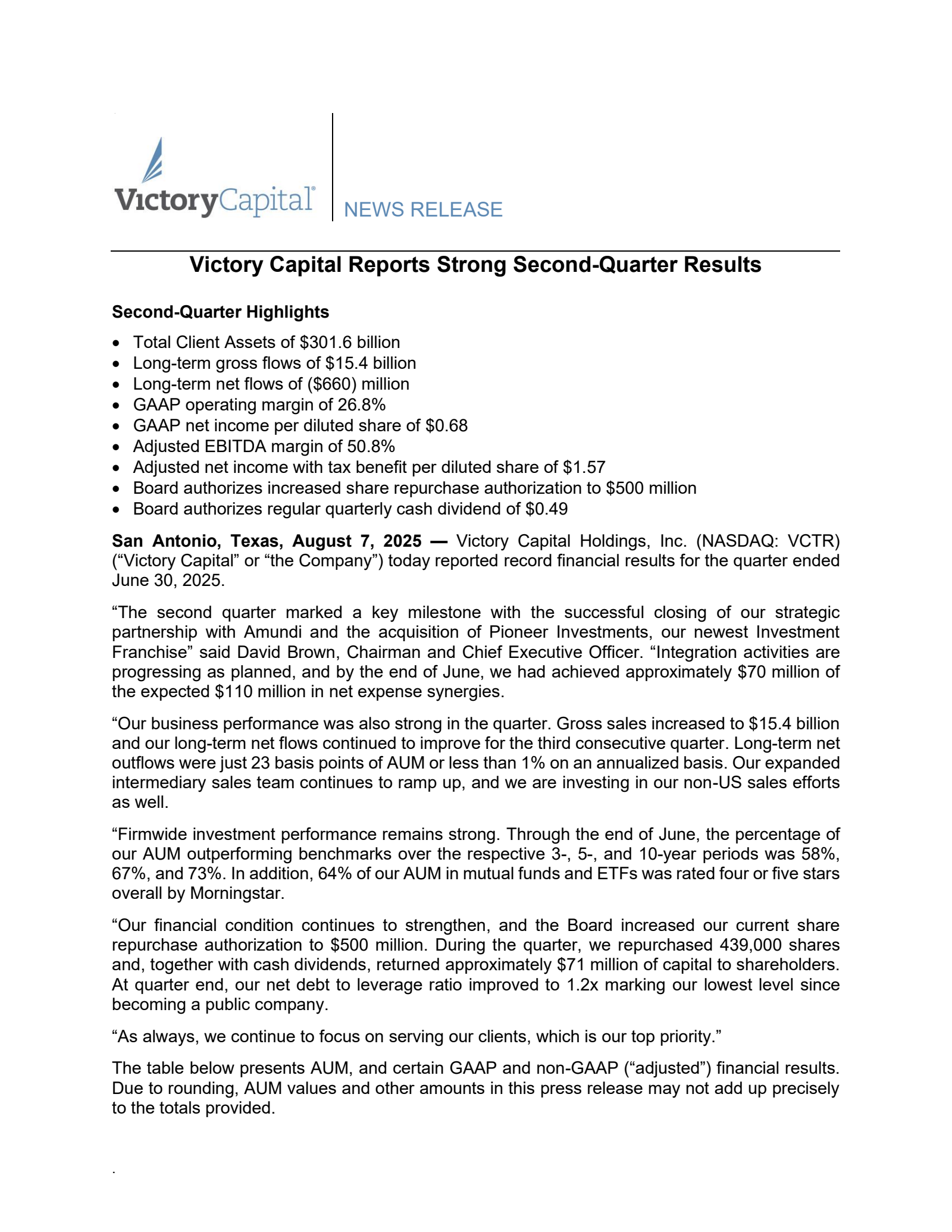 Victory Capital's Q2 2025 Press Release