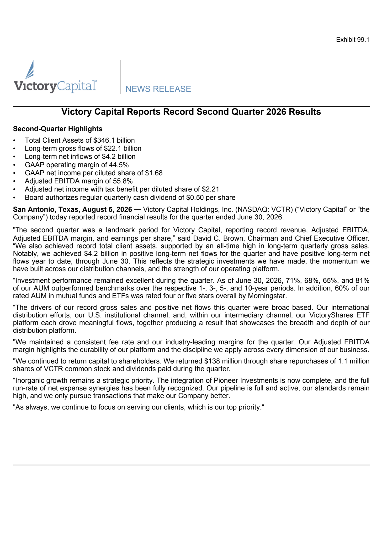 Victory Capital's Q2 2026 Press Release