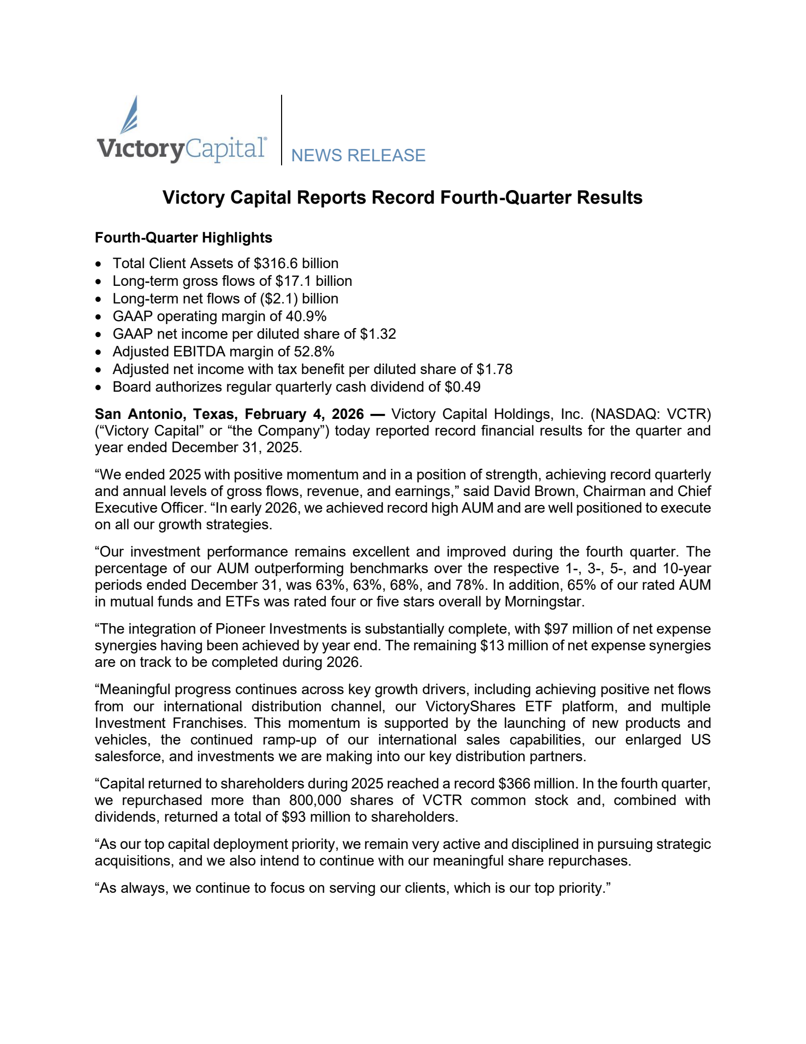Victory Capital's Q4 2025 Press Release