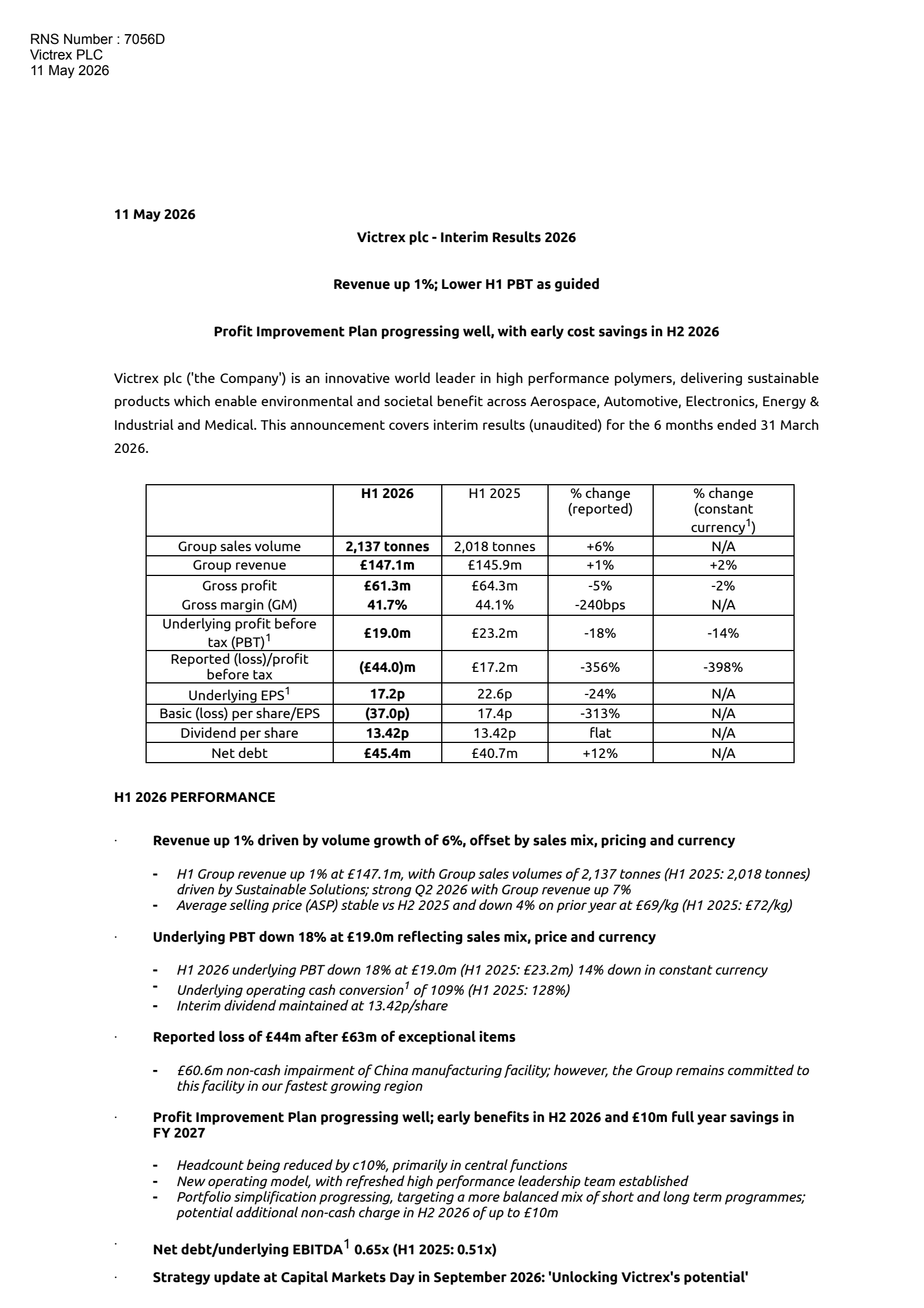Victrex's H1 2026 Interim report
