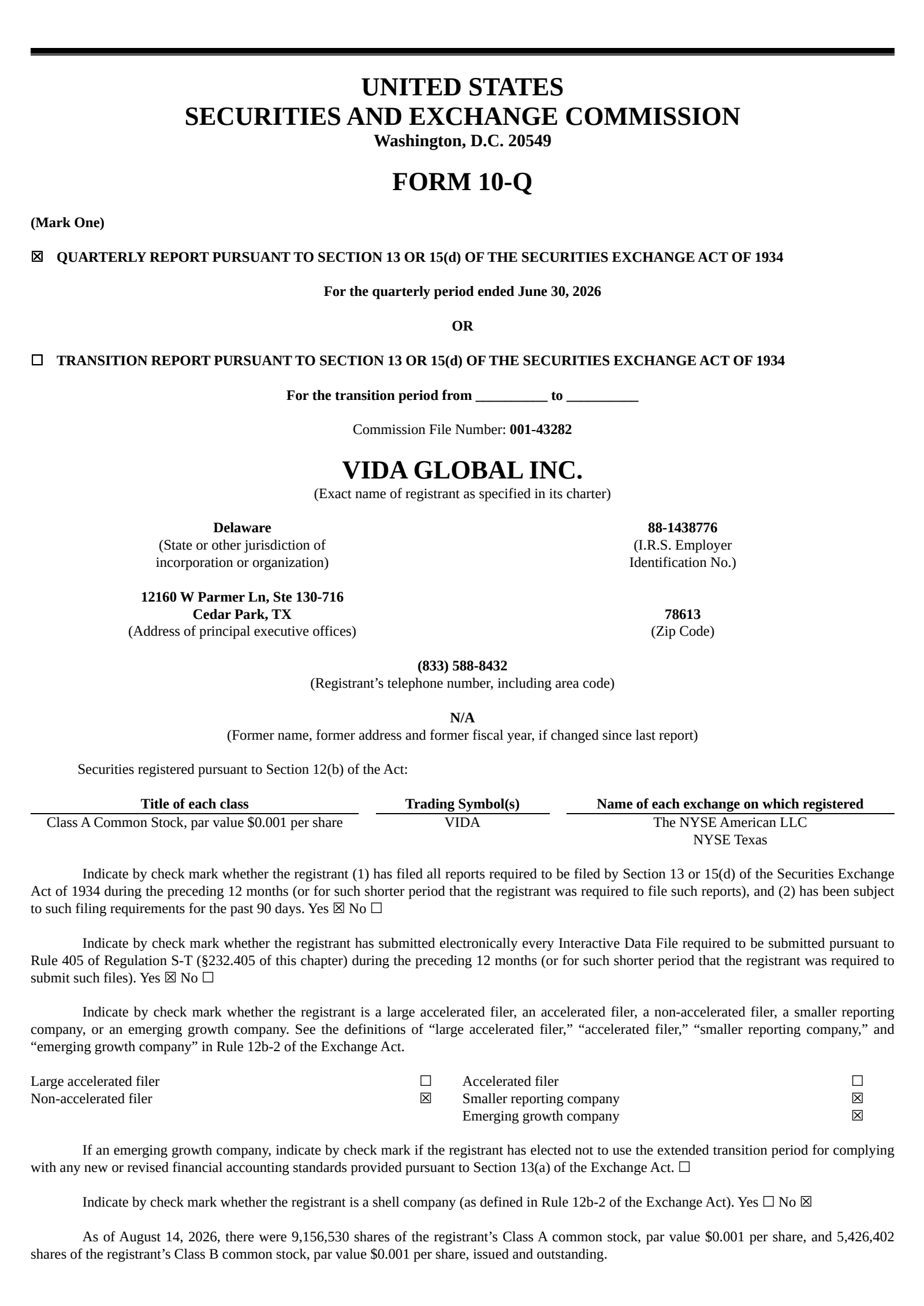 VIDA Global's Q2 2026 Quarterly report