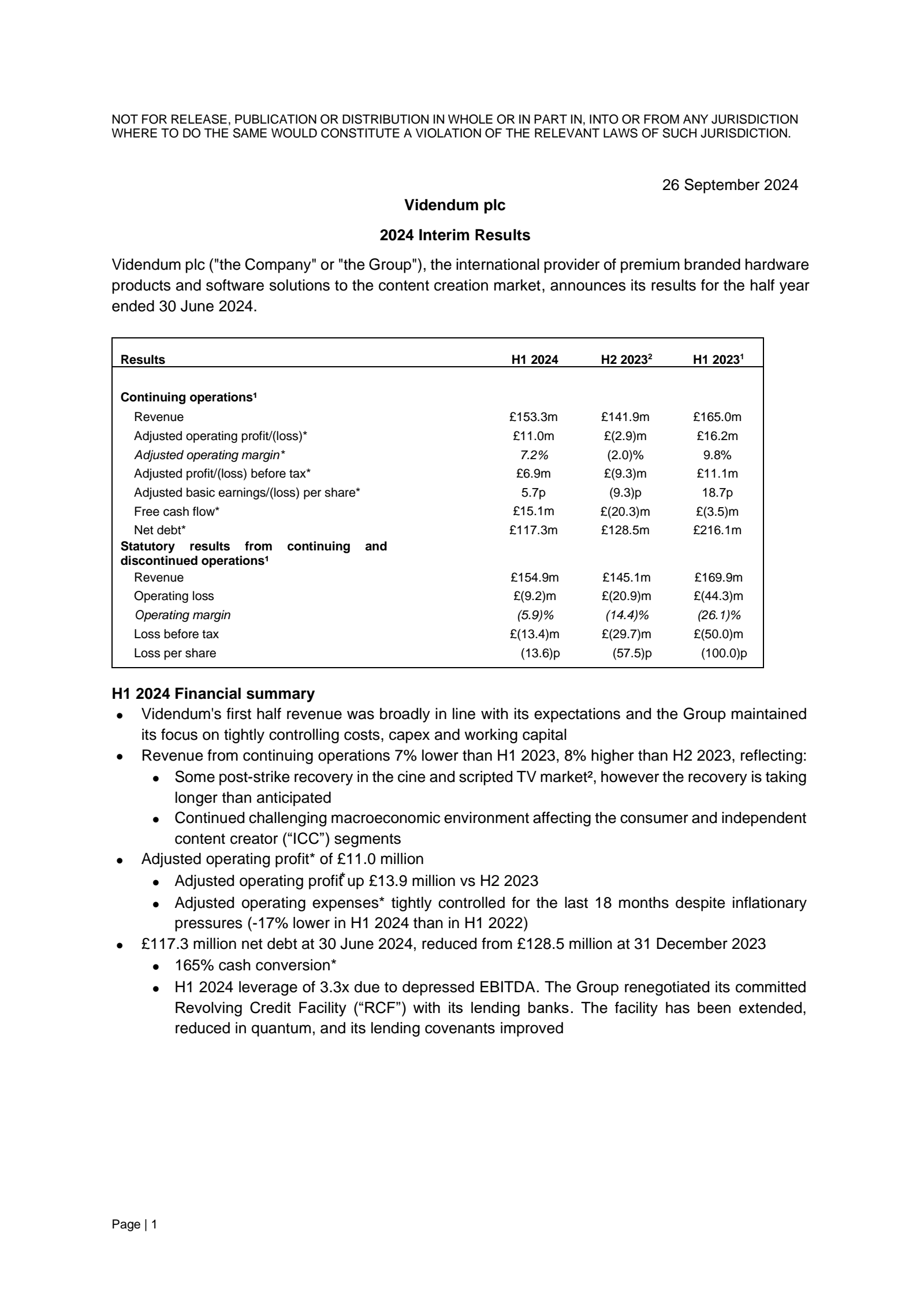Videndum's H1 2024 Interim report