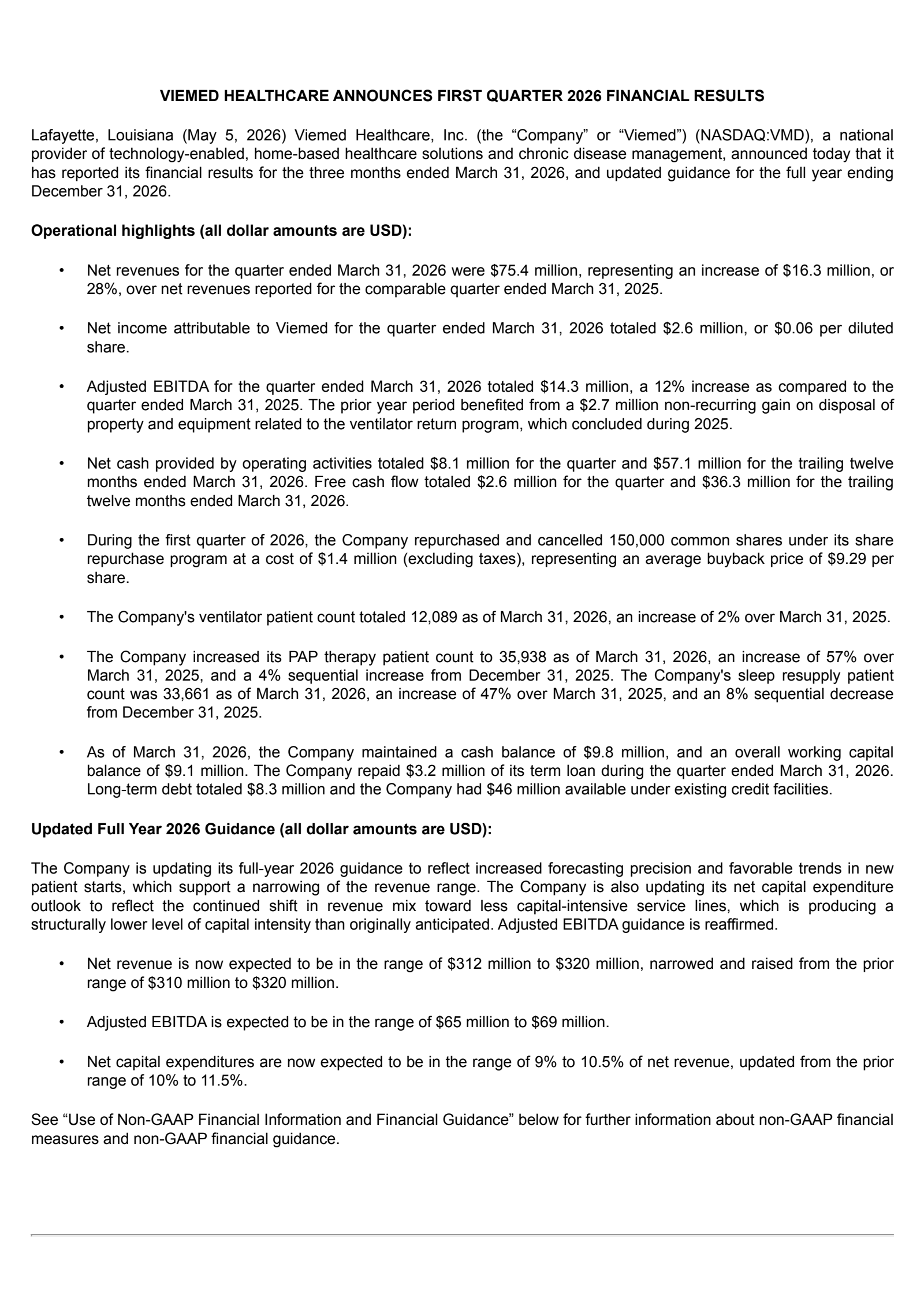 Viemed Healthcare's Q1 2026 Press Release