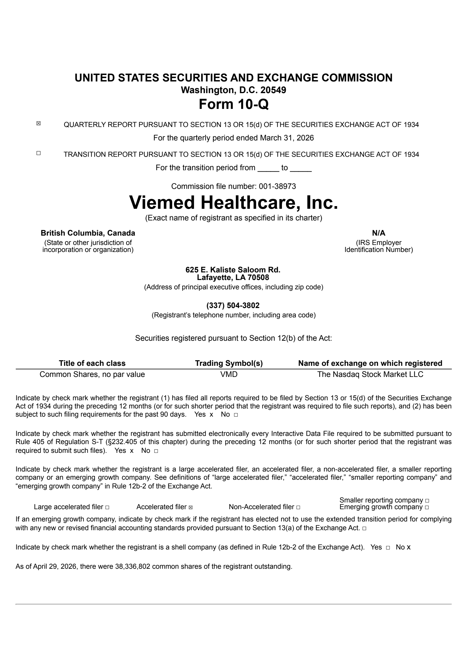 Viemed Healthcare's Q1 2026 Quarterly report