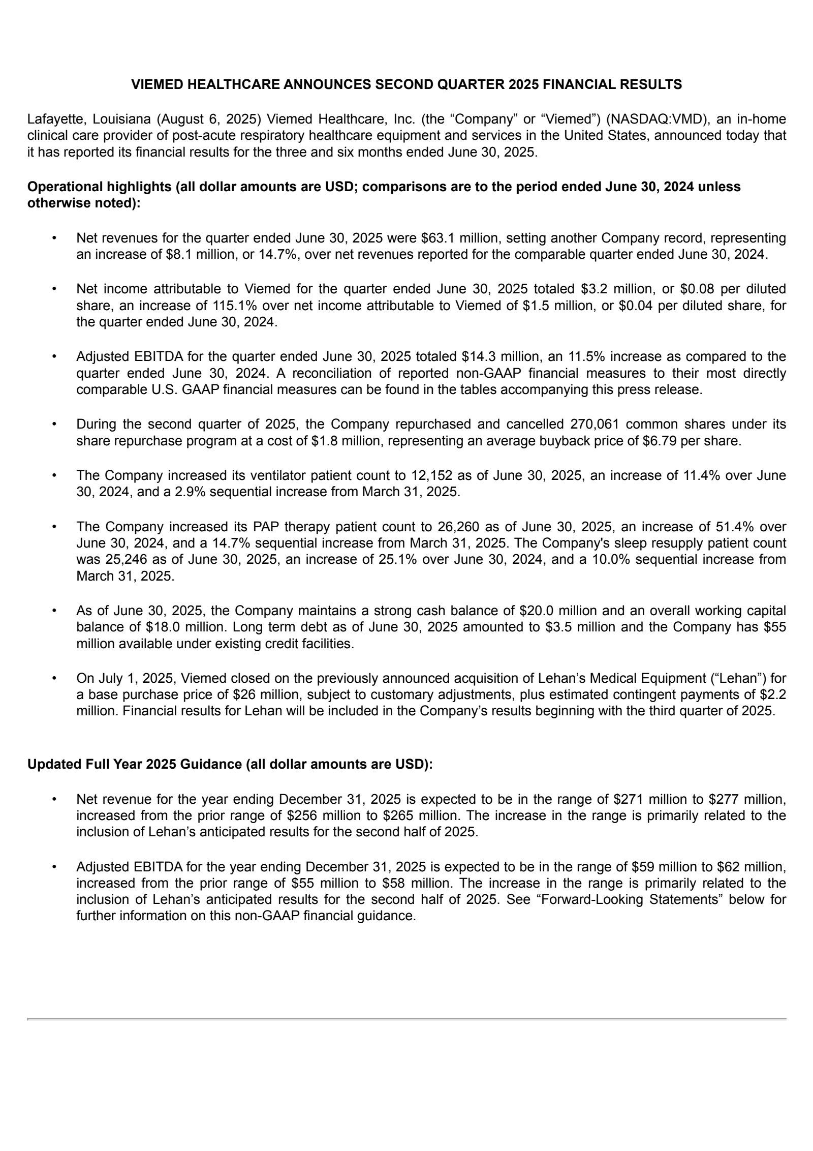Viemed Healthcare's Q2 2025 Press Release
