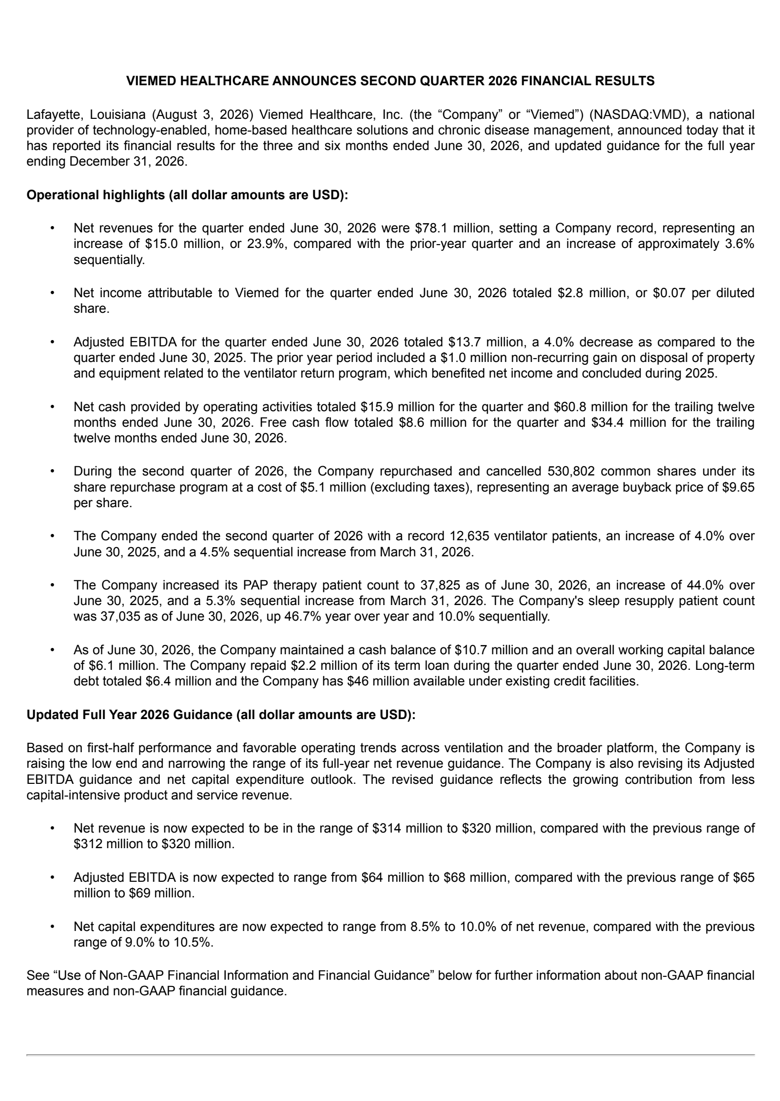 Viemed Healthcare's Q2 2026 Press Release