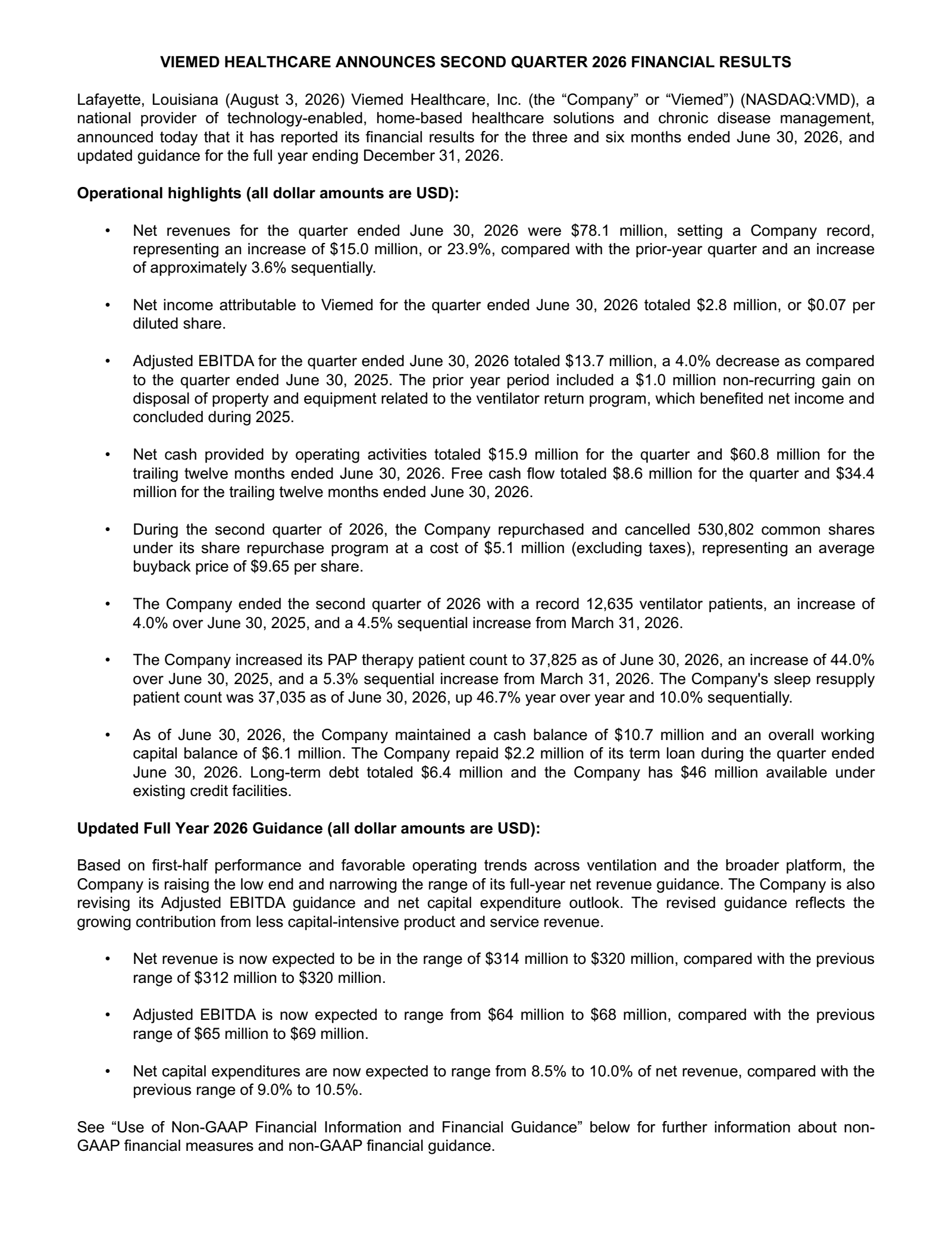 Viemed Healthcare's Q2 2026 Press Release