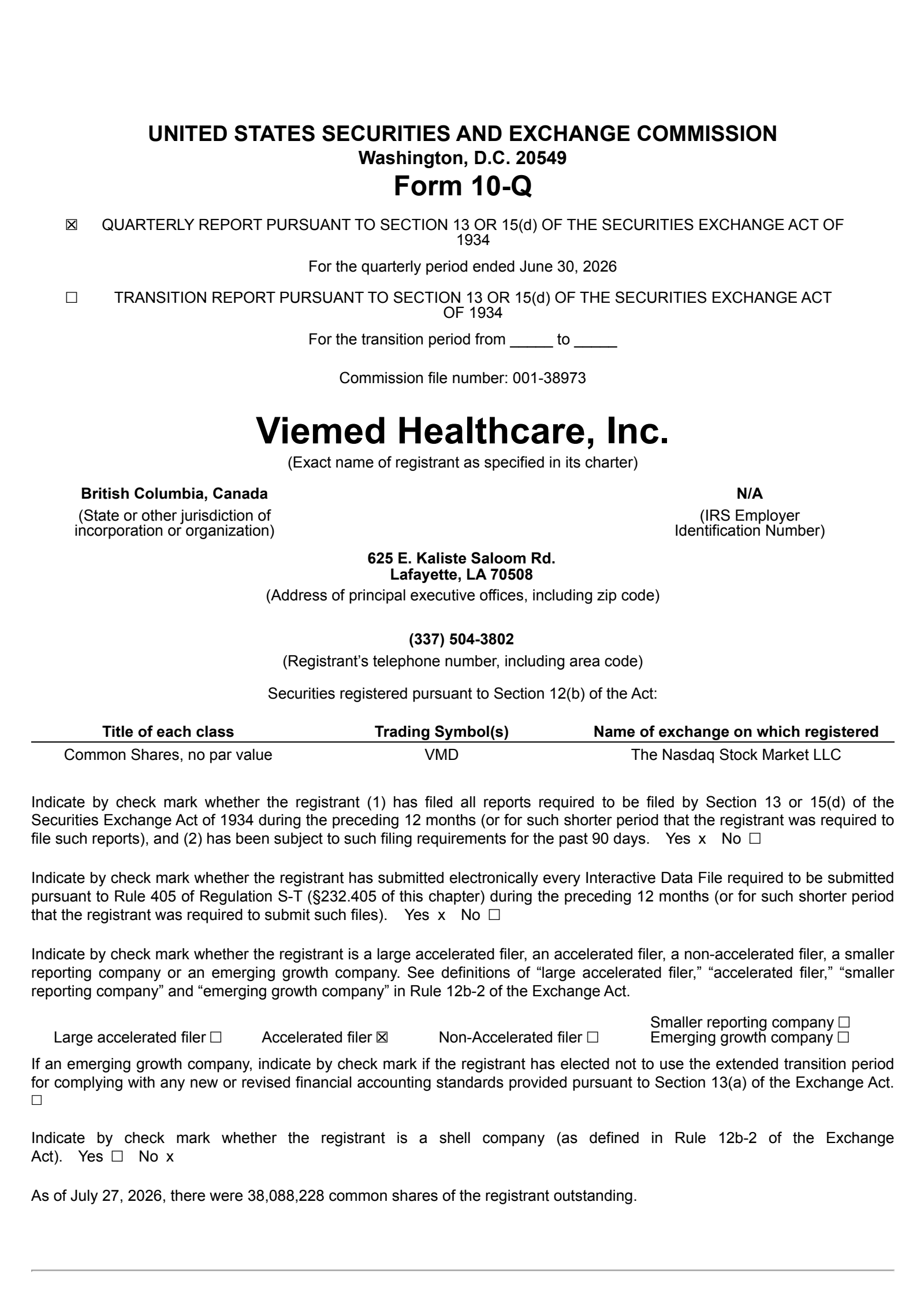 Viemed Healthcare's Q2 2026 Quarterly report