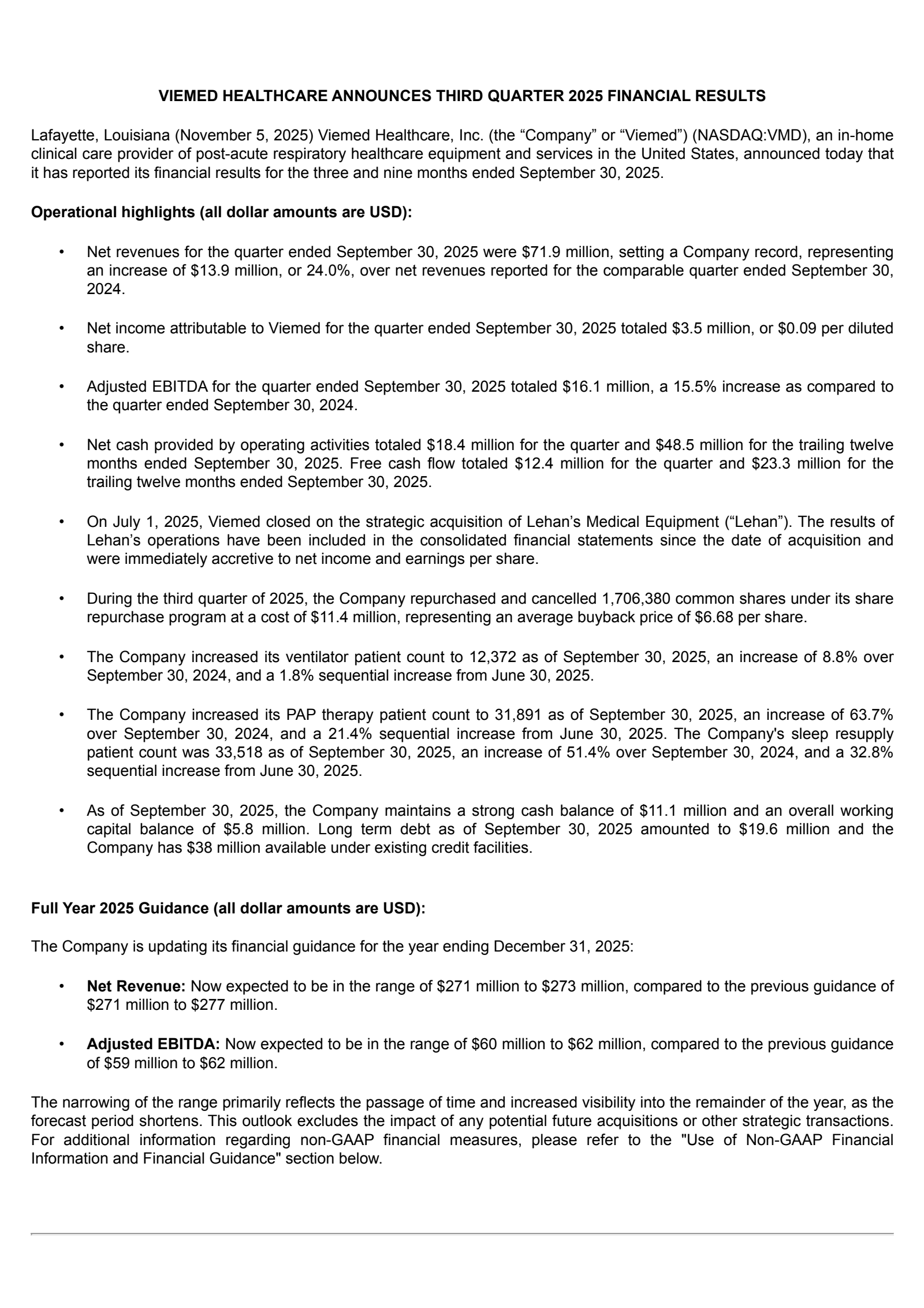 Viemed Healthcare's Q3 2025 Press Release