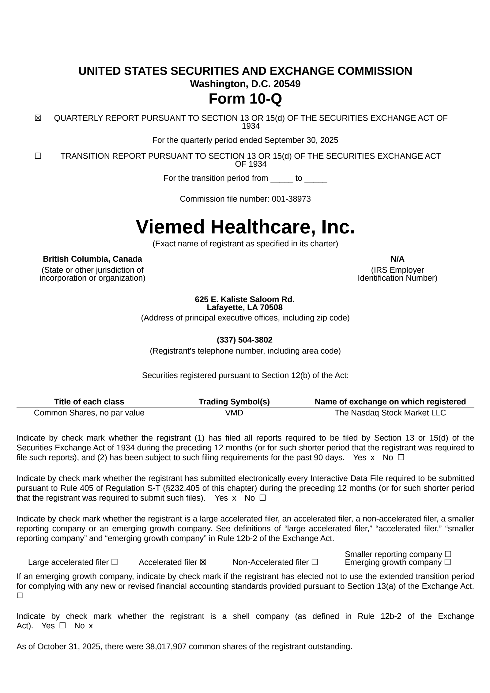 Viemed Healthcare's Q3 2025 Quarterly Report