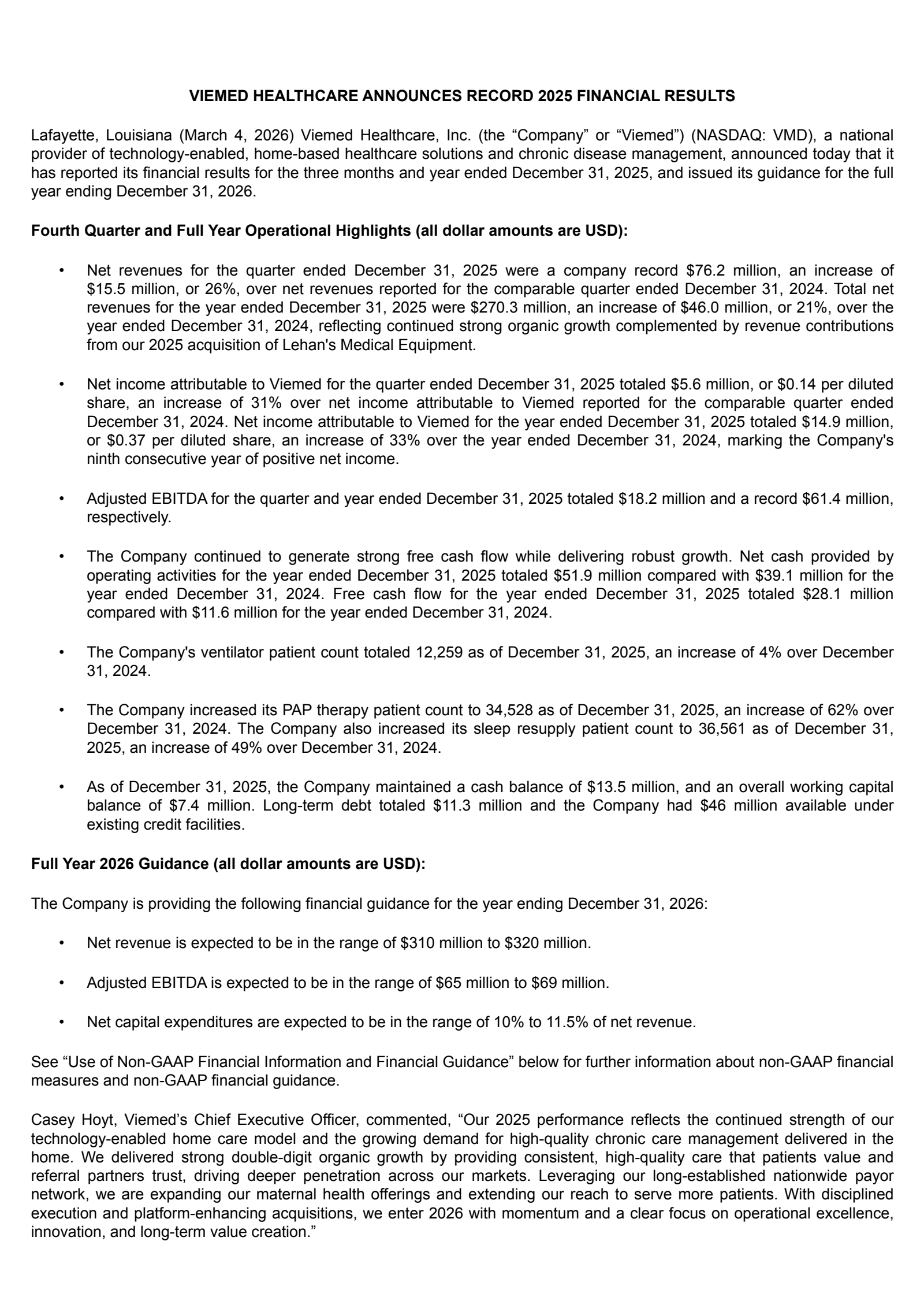 Viemed Healthcare's Q4 2025 Press Release