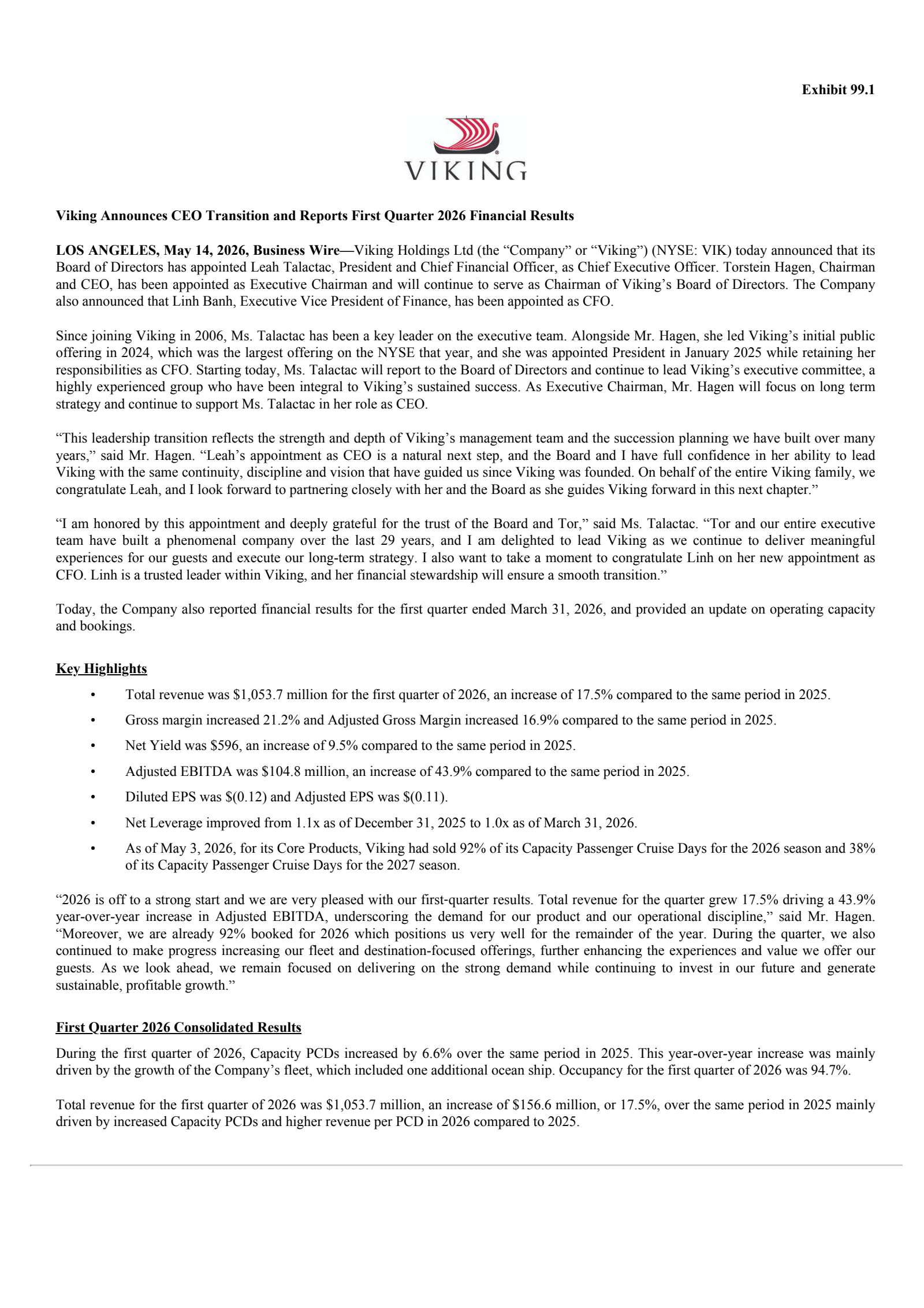 Viking's Q1 2026 Press Release