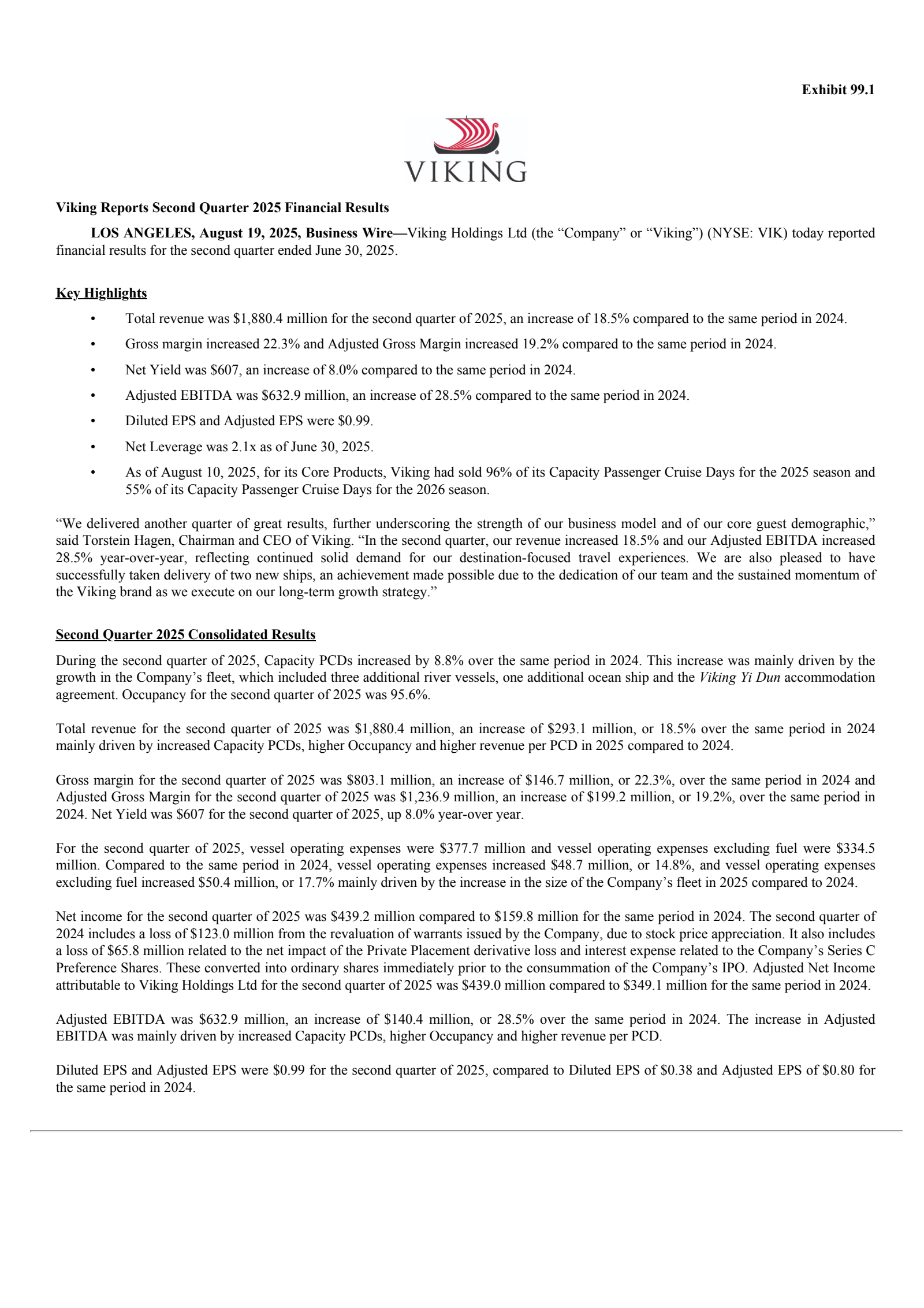 Viking's Q2 2025 Press Release