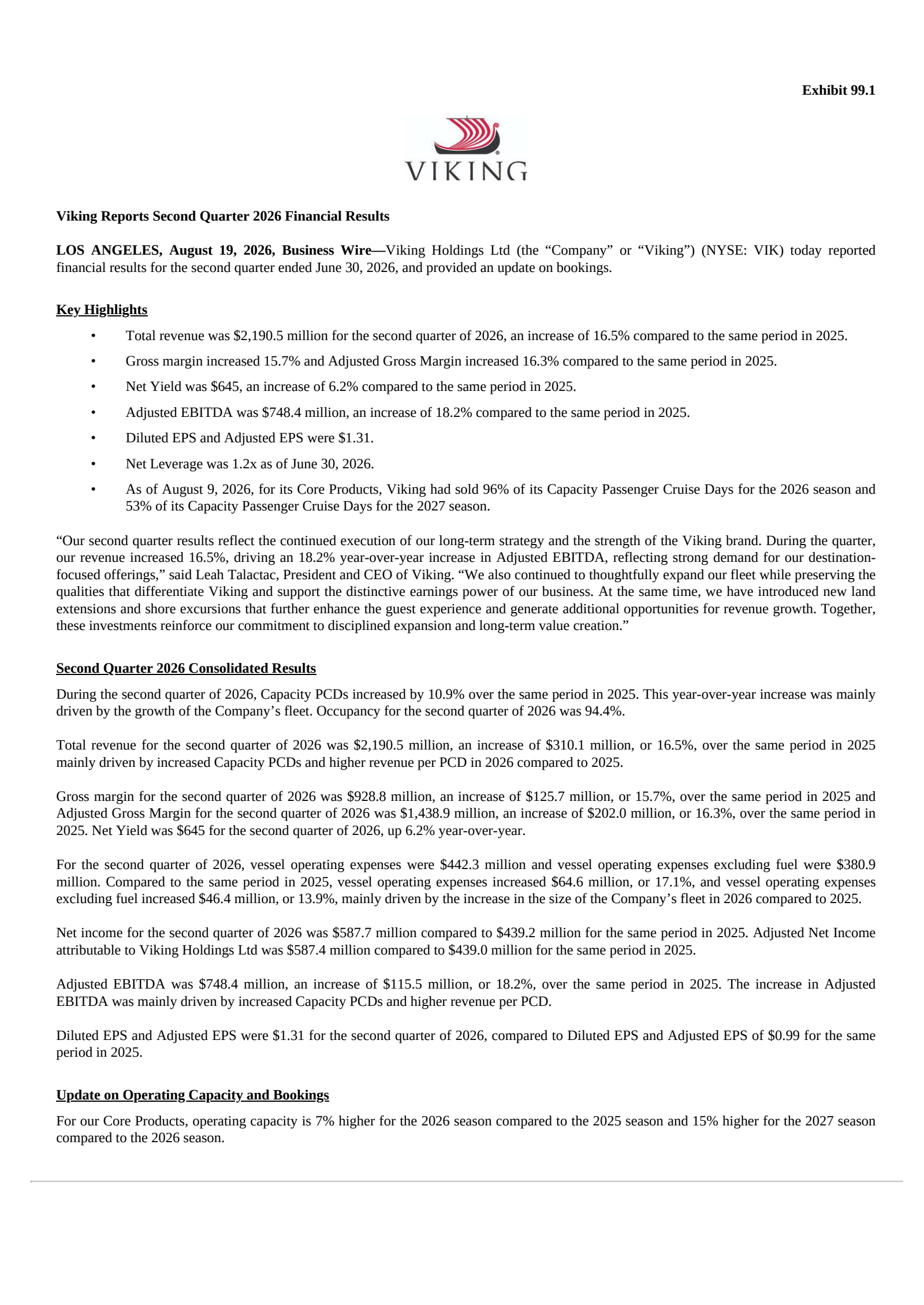 Viking's Q2 2026 Press Release