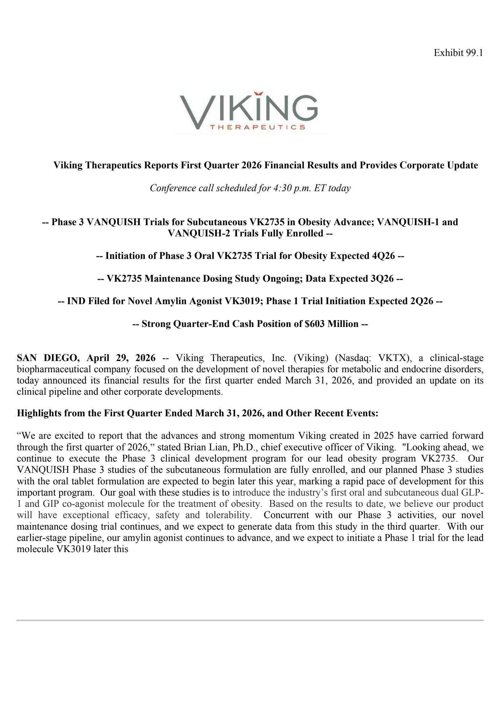 Viking Therapeutics' Q1 2026 Press Release