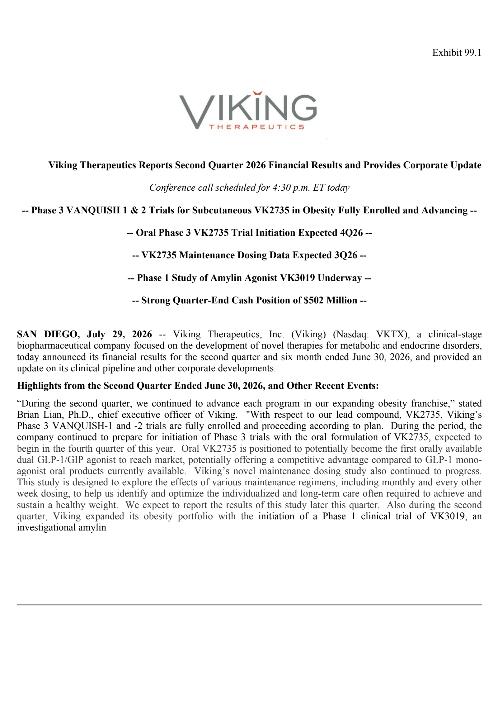 Viking Therapeutics' Q2 2026 Press Release