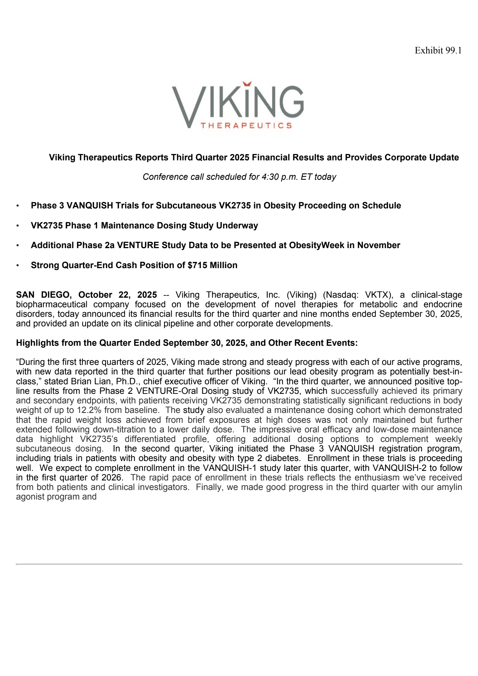 Viking Therapeutics' Q3 2025 Earnings Release