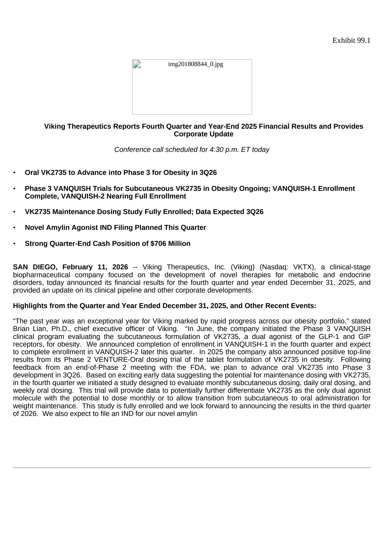 Viking Therapeutics' Q4 2025 Press Release