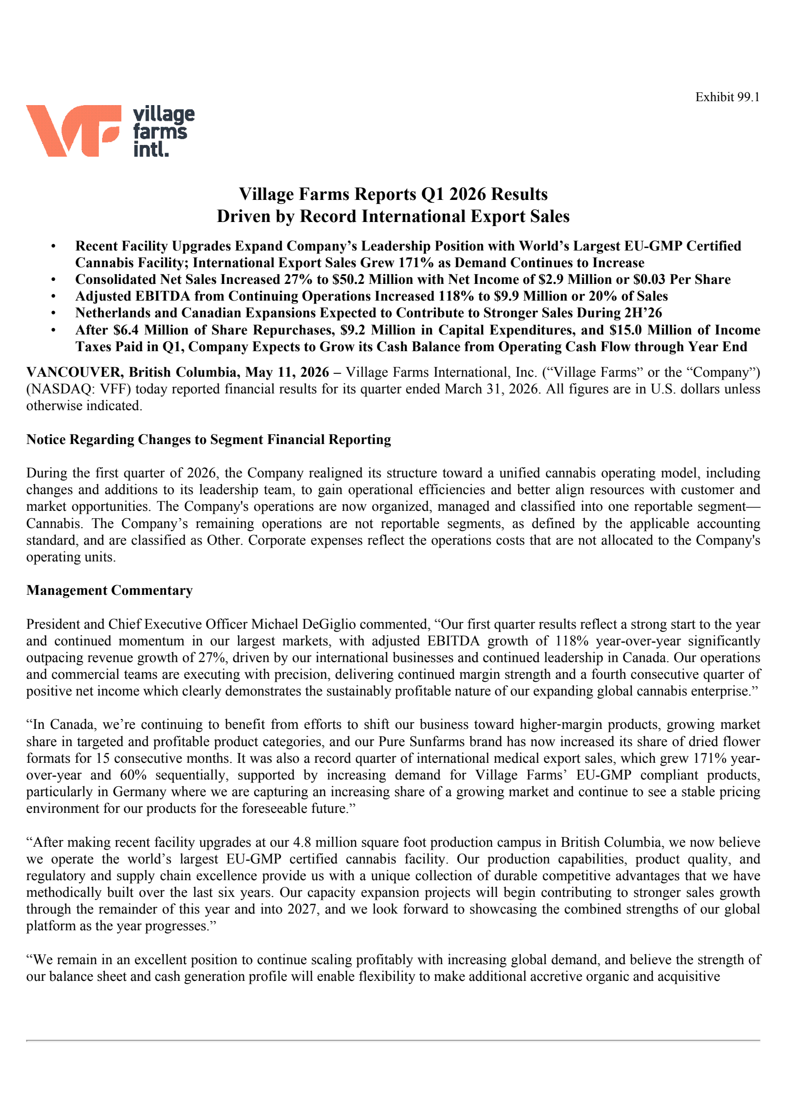 Village Farms International's Q1 2026 Press Release