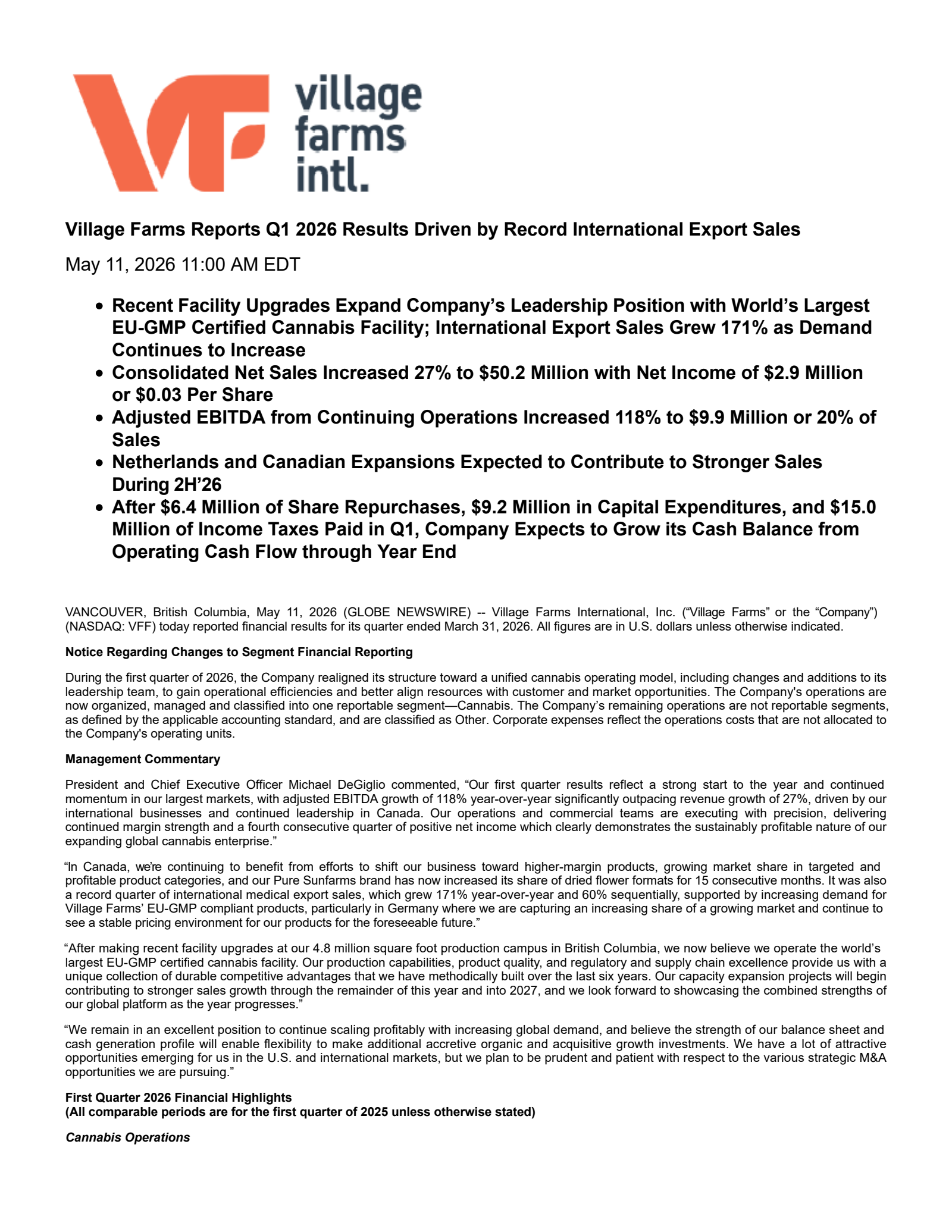 Village Farms International's Q1 2026 Press Release