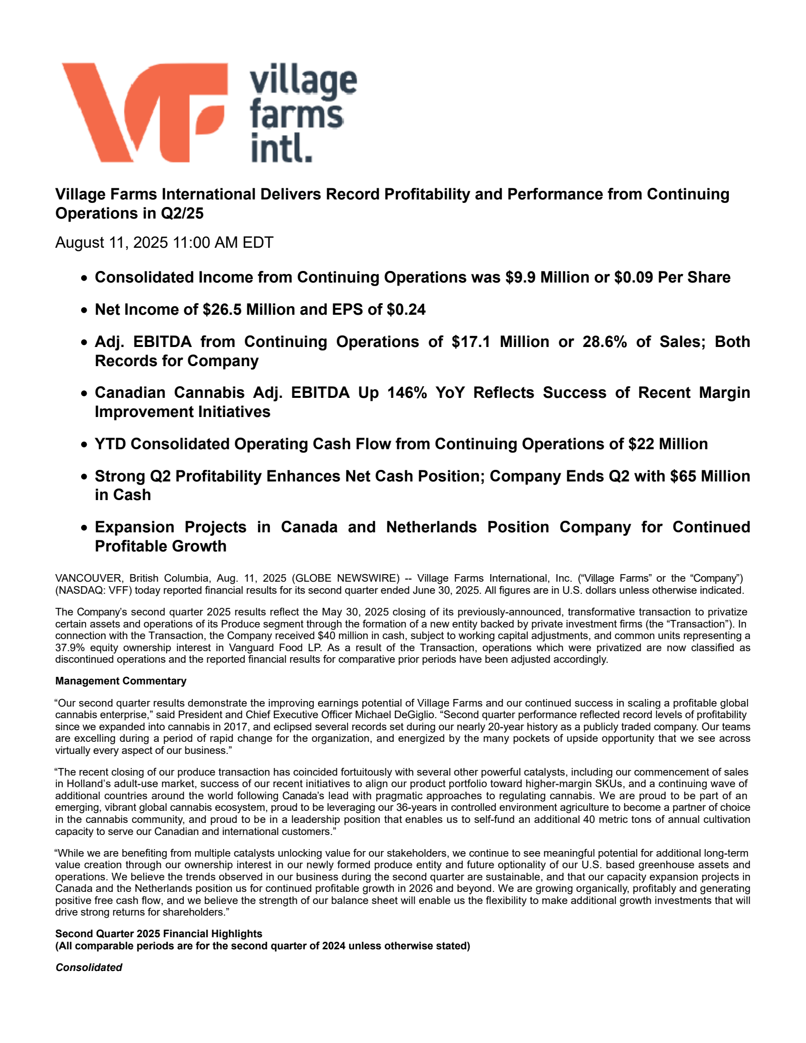 Village Farms International's Q2 2025 Press Release