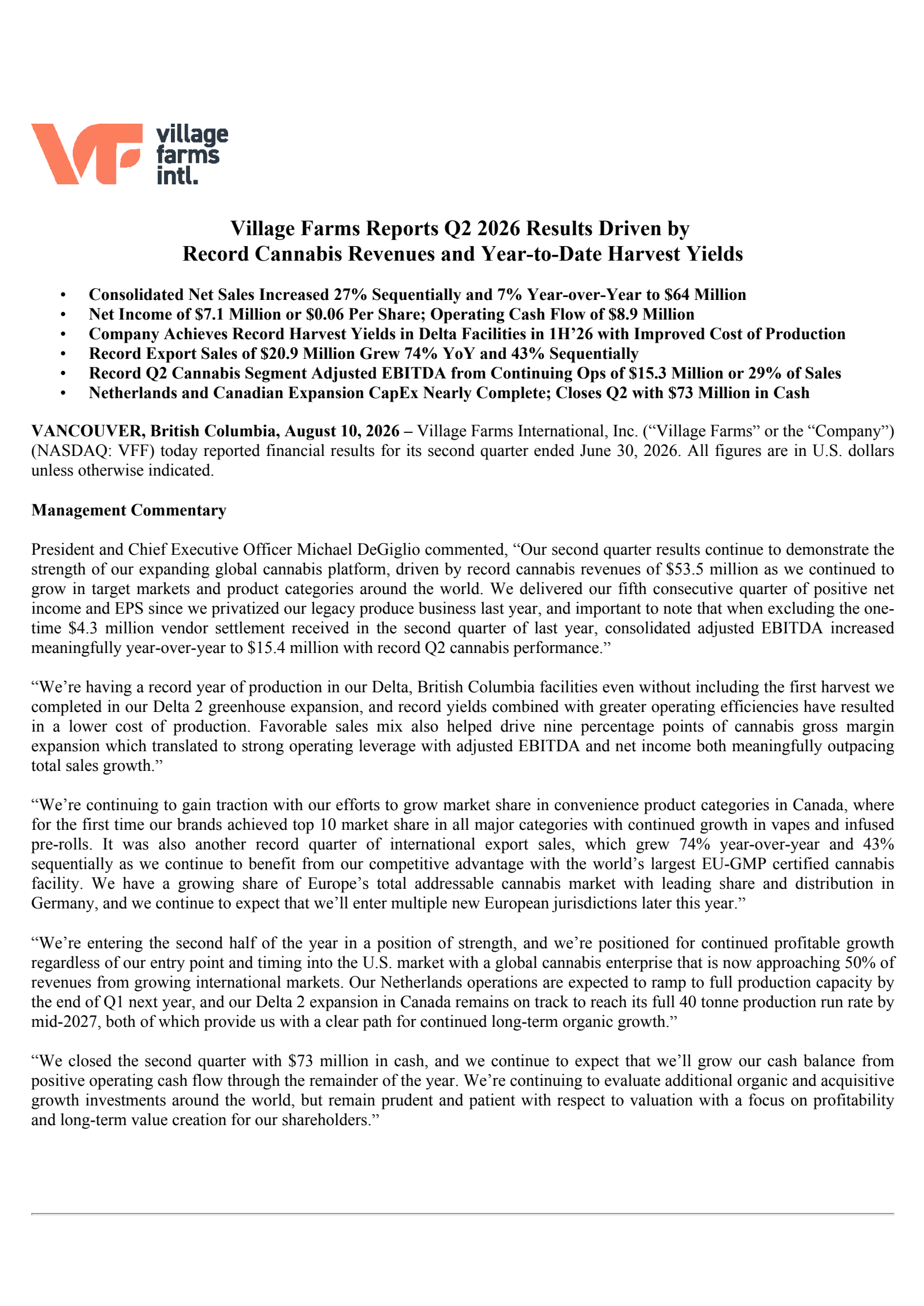 Village Farms International's Q2 2026 Press Release