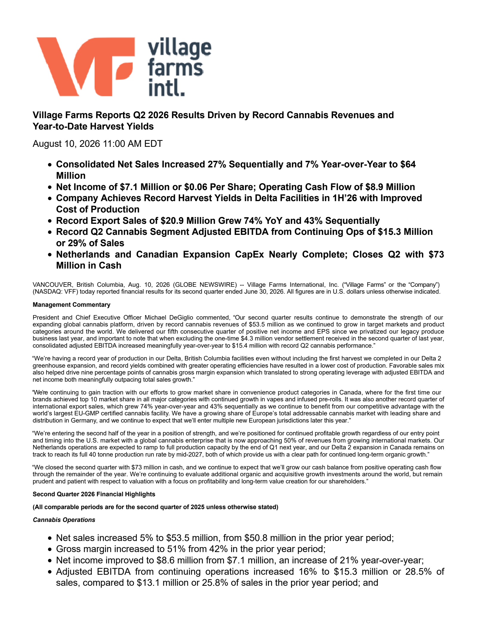 Village Farms International's Q2 2026 Press Release