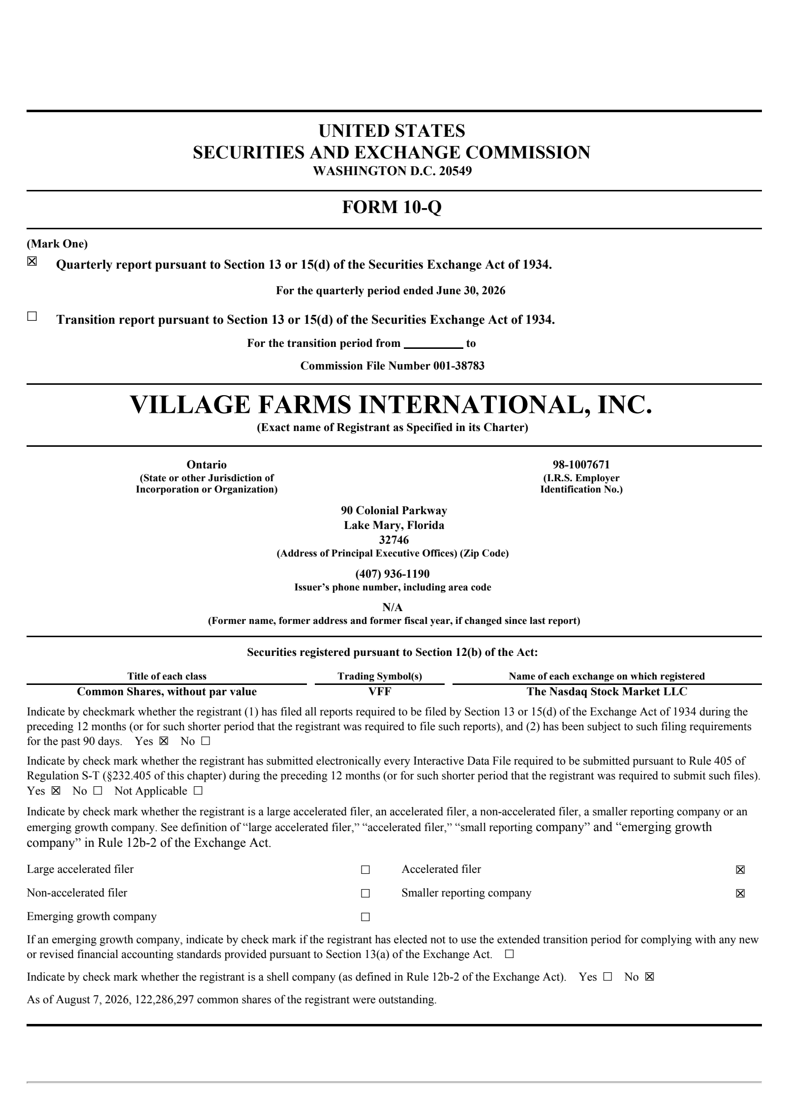 Village Farms International's Q2 2026 Quarterly report