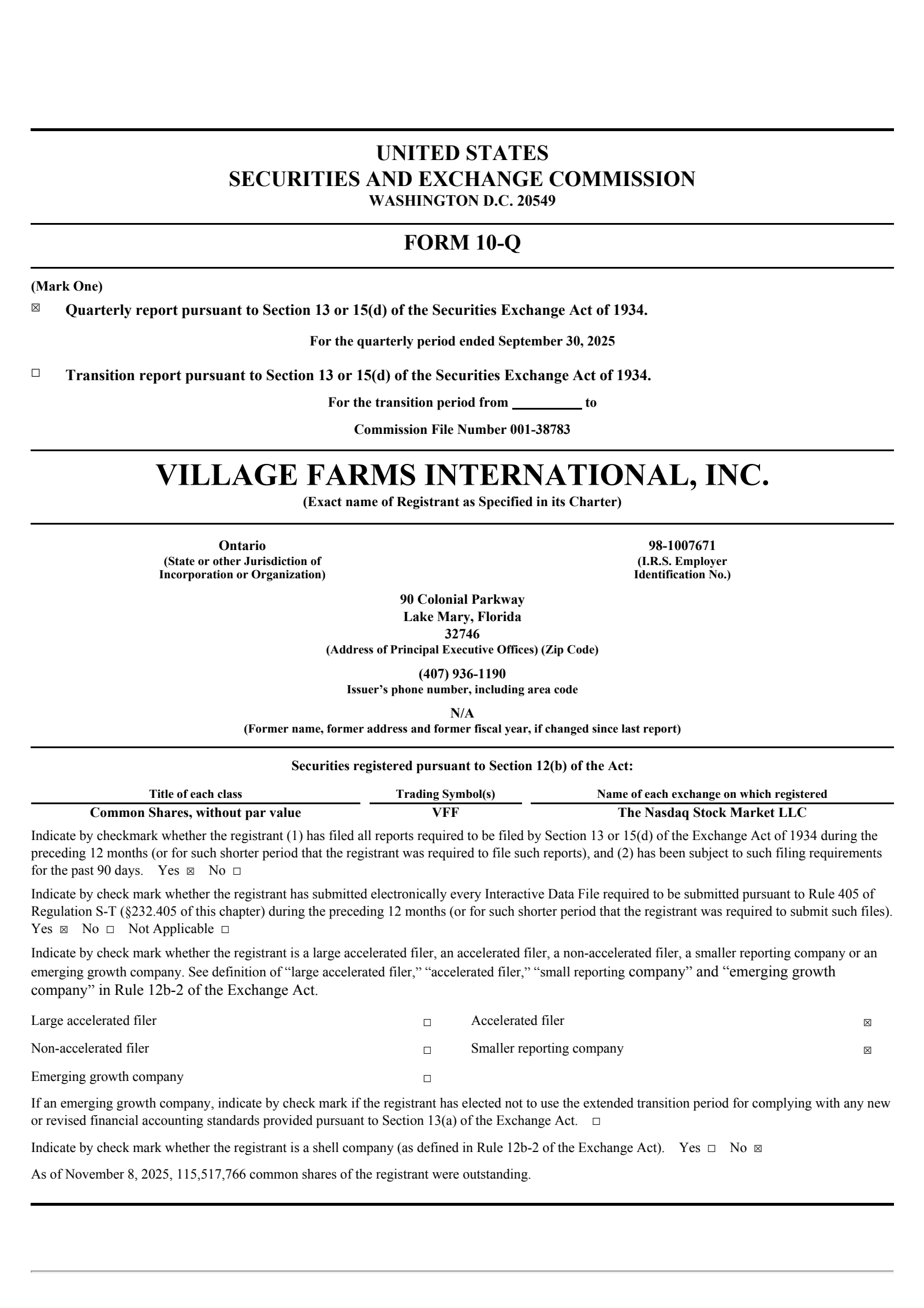 Village Farms International's Q3 2025 Quarterly Report