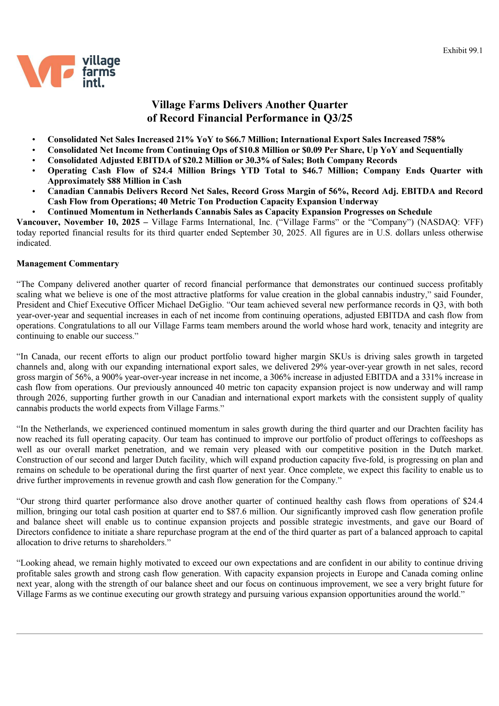 Village Farms International's Q3 2025 Earnings Release