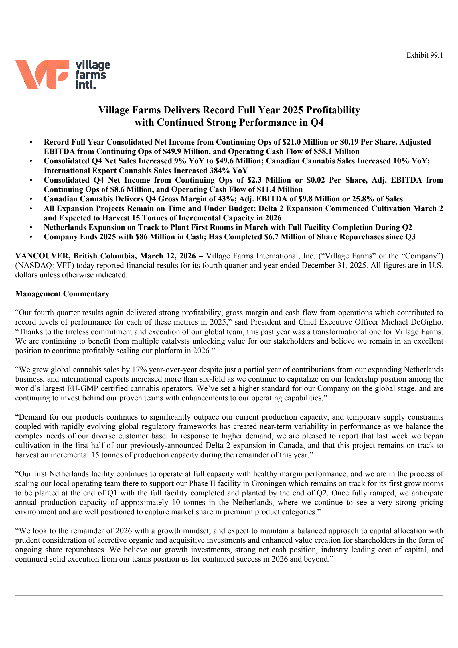 Village Farms International's Q4 2025 Press Release