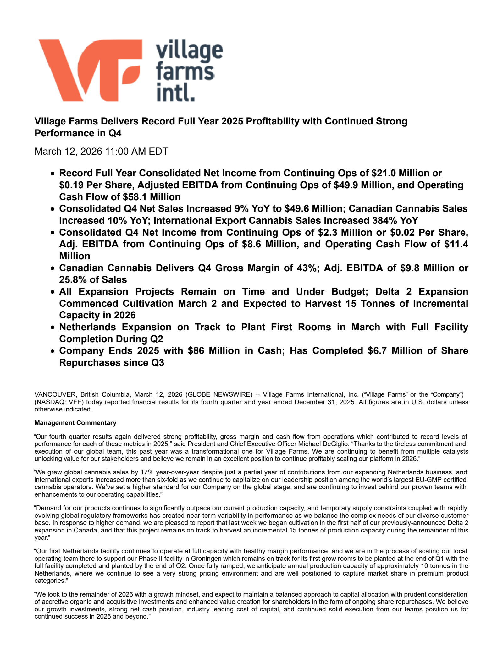 Village Farms International's Q4 2025 Press Release