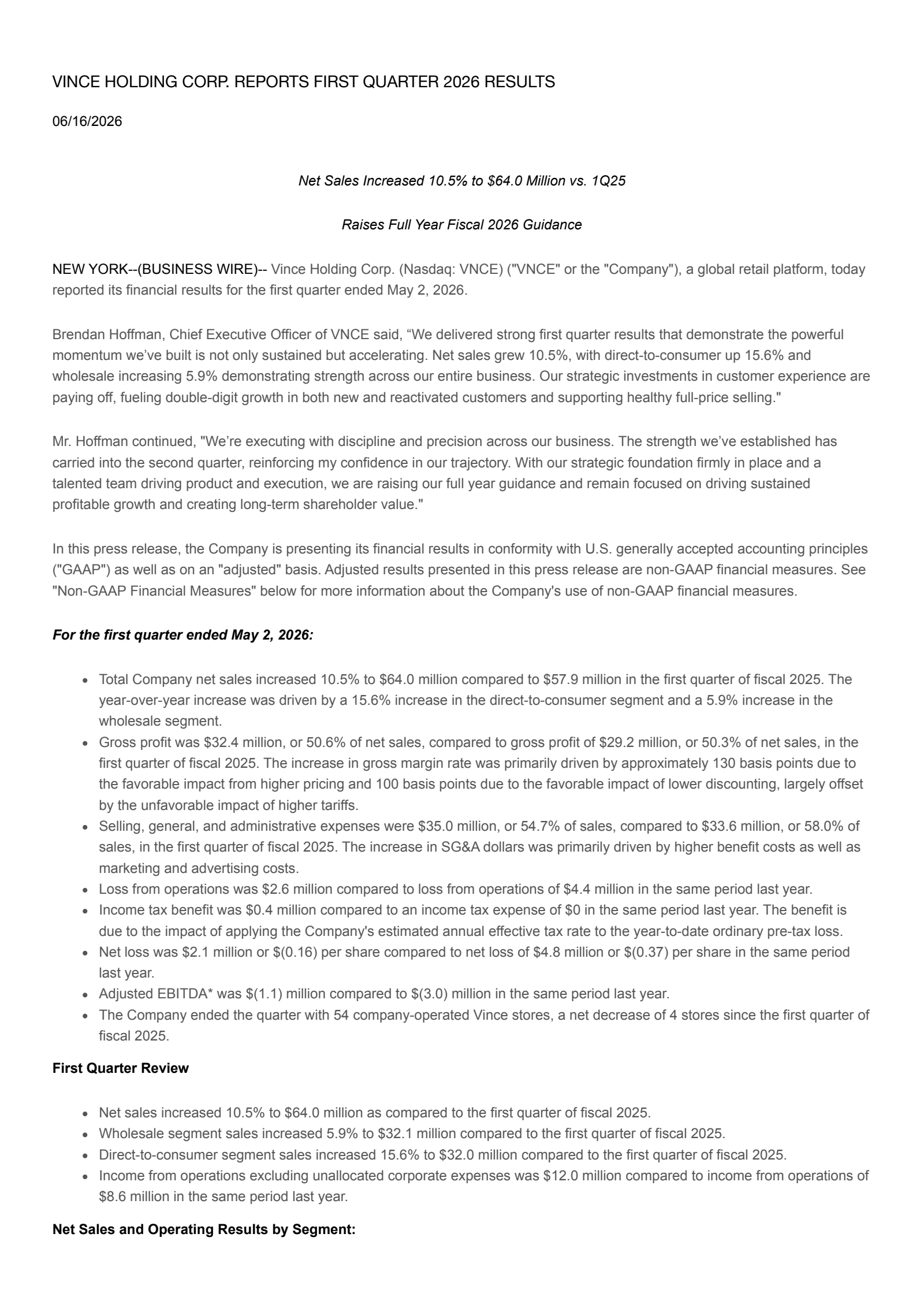 Vince's Q1 2027 Press Release