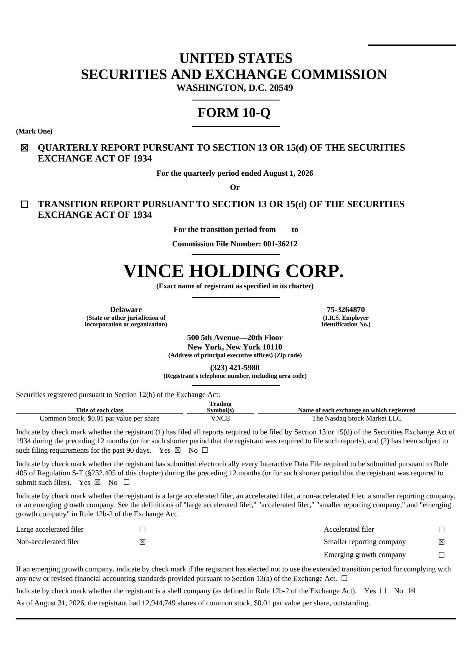 Vince's Q2 2027 Quarterly report
