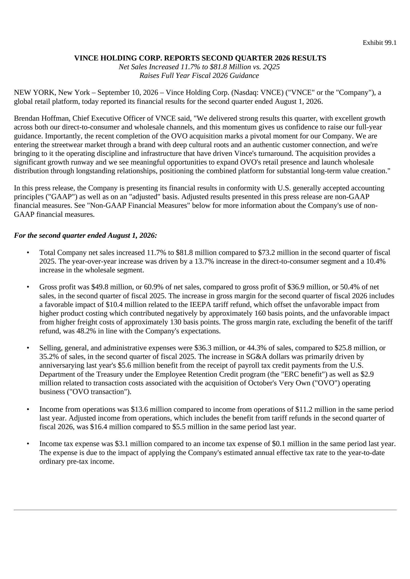 Vince's Q2 2027 Press Release