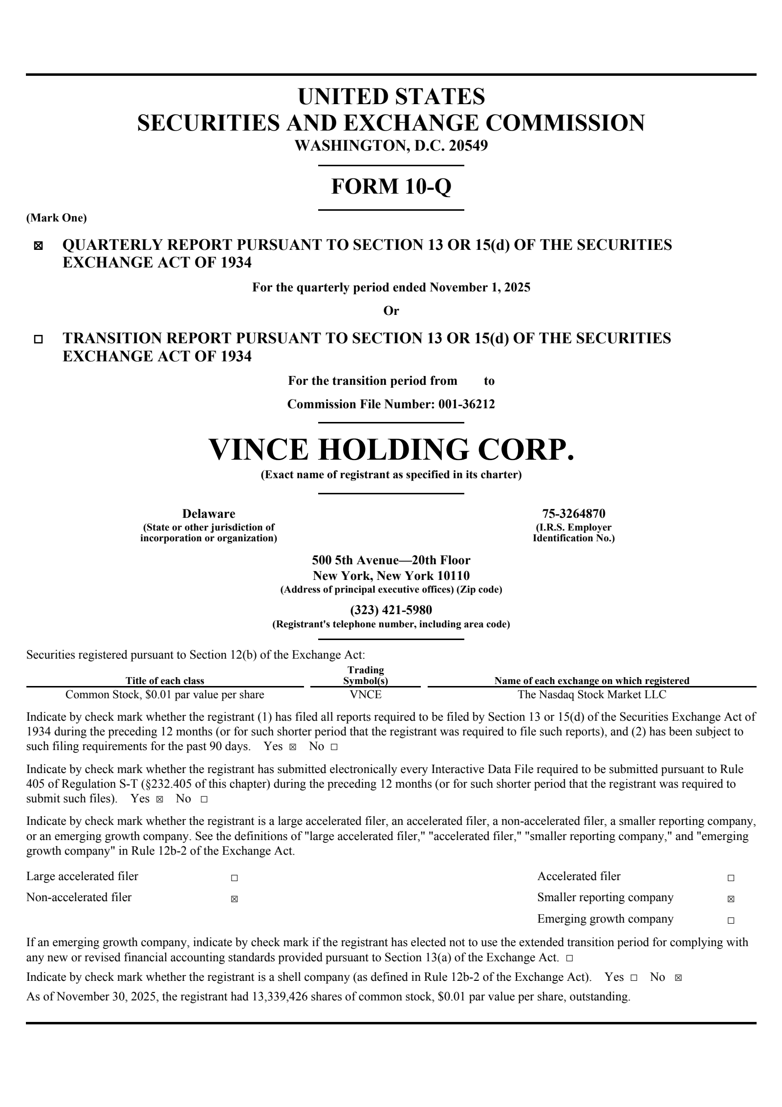Vince's Q3 2026 Quarterly Report