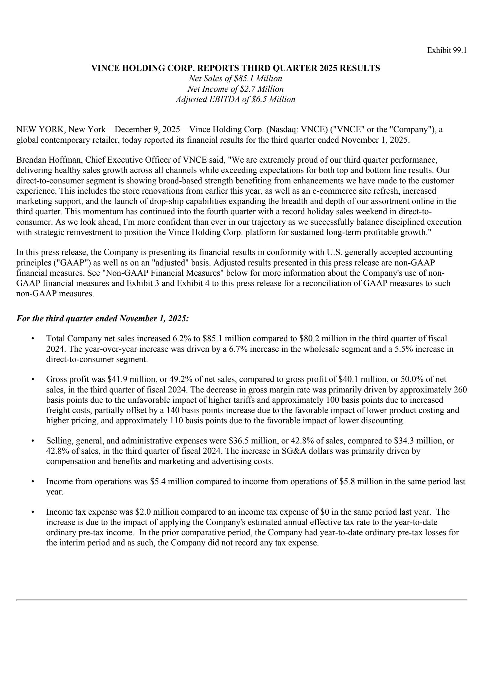 Vince's Q3 2026 Earnings Release