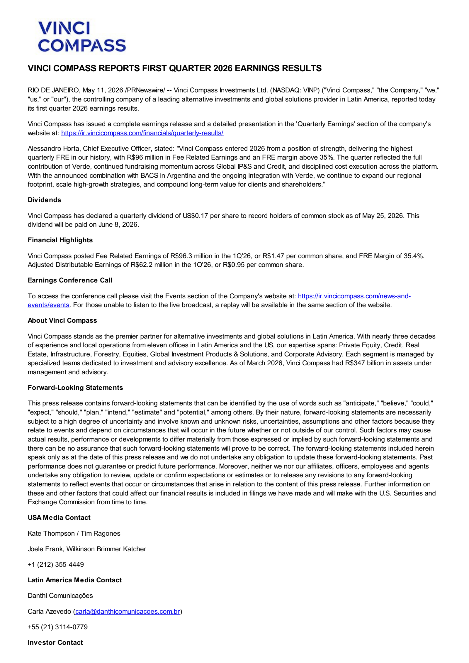 Vinci Compass Investments' Q1 2026 Press Release