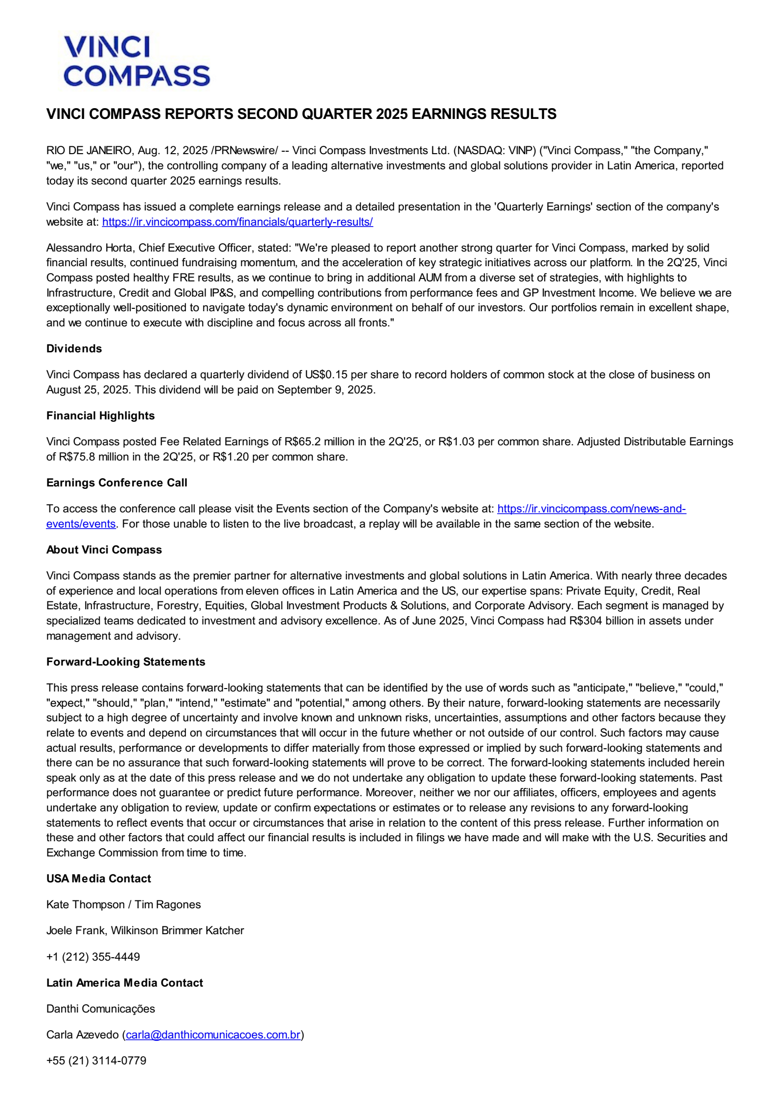 Vinci Compass Investments' Q2 2025 Press Release