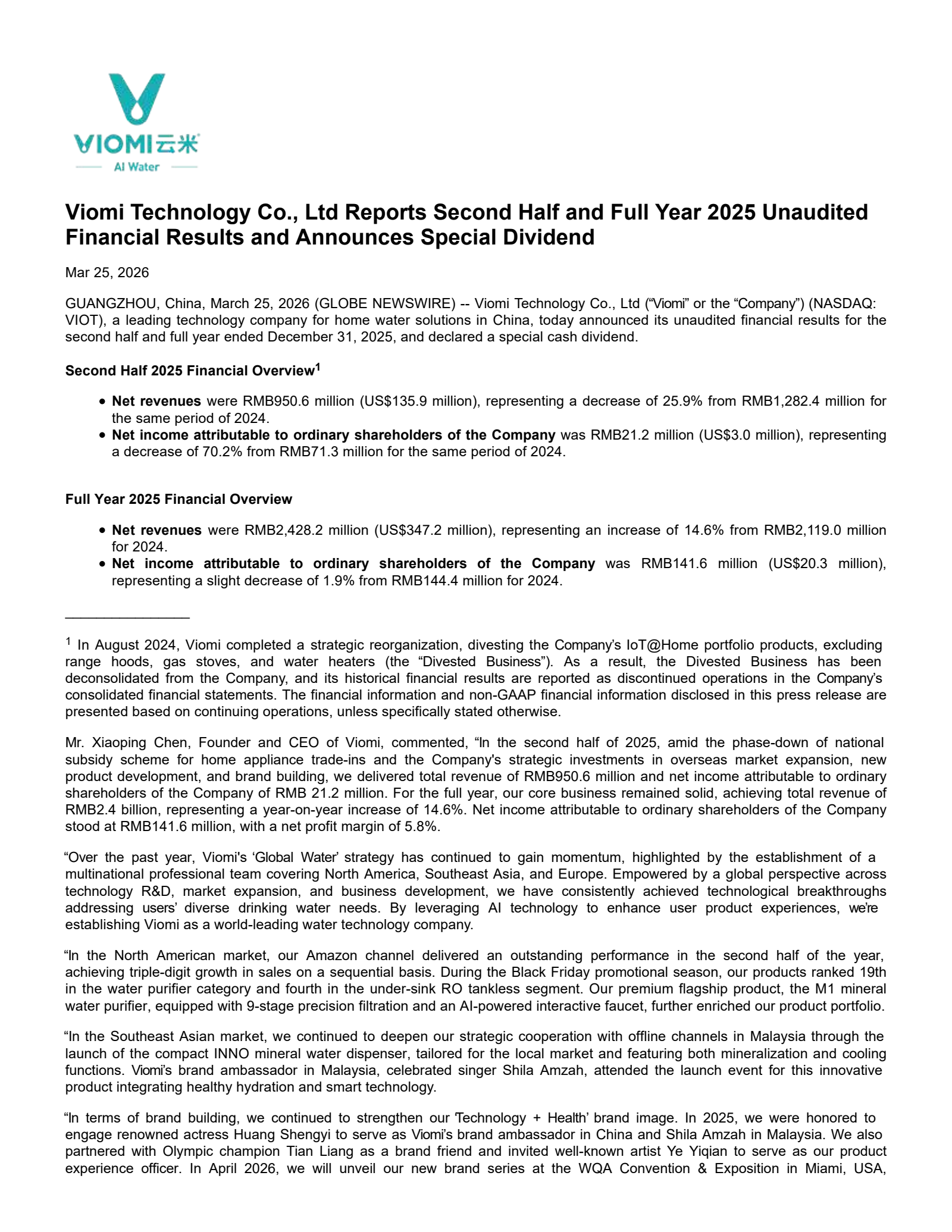 Viomi Technology's Q4 2025 Press Release