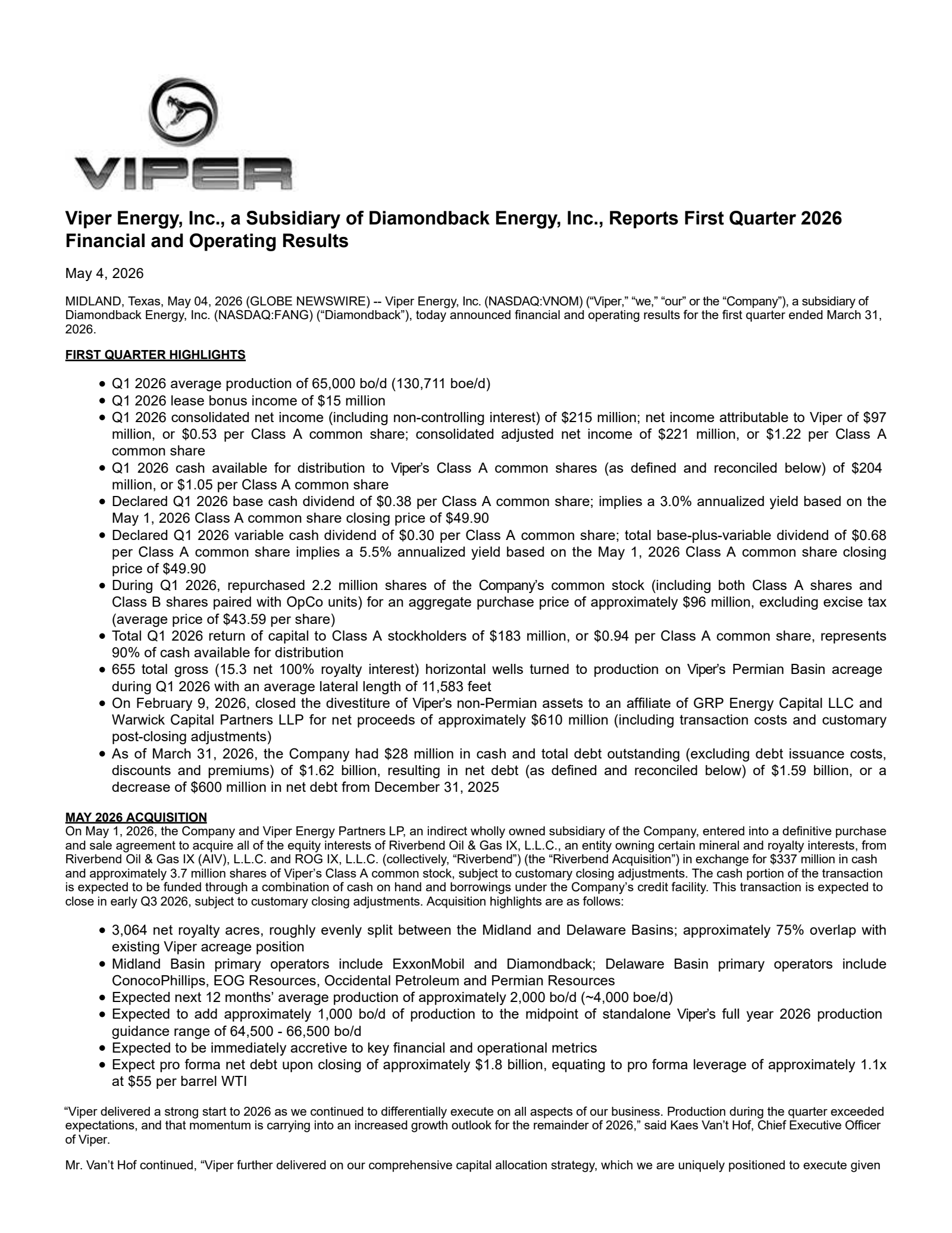 Viper Energy's Q1 2026 Press Release
