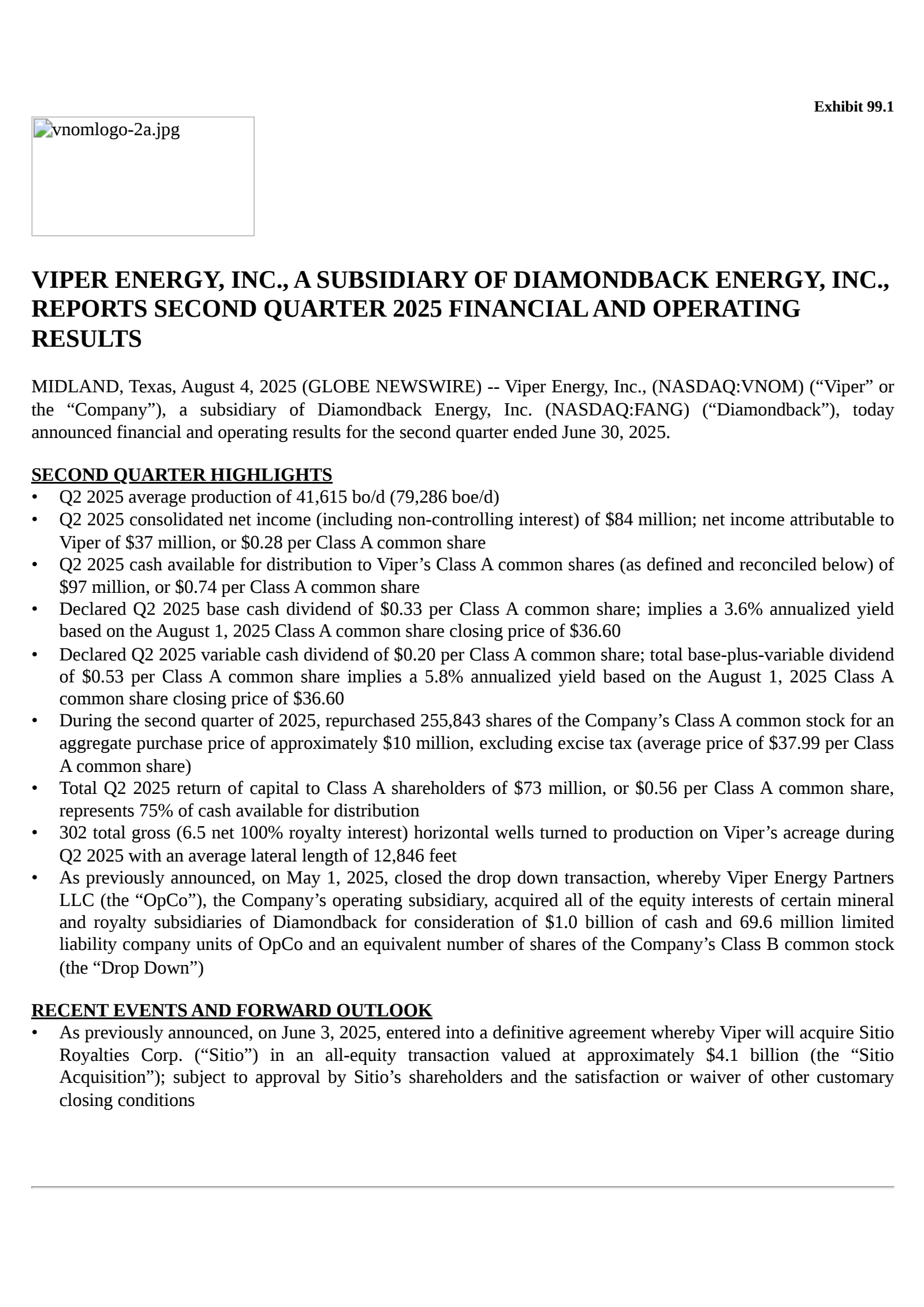 Viper Energy's Q2 2025 Press Release