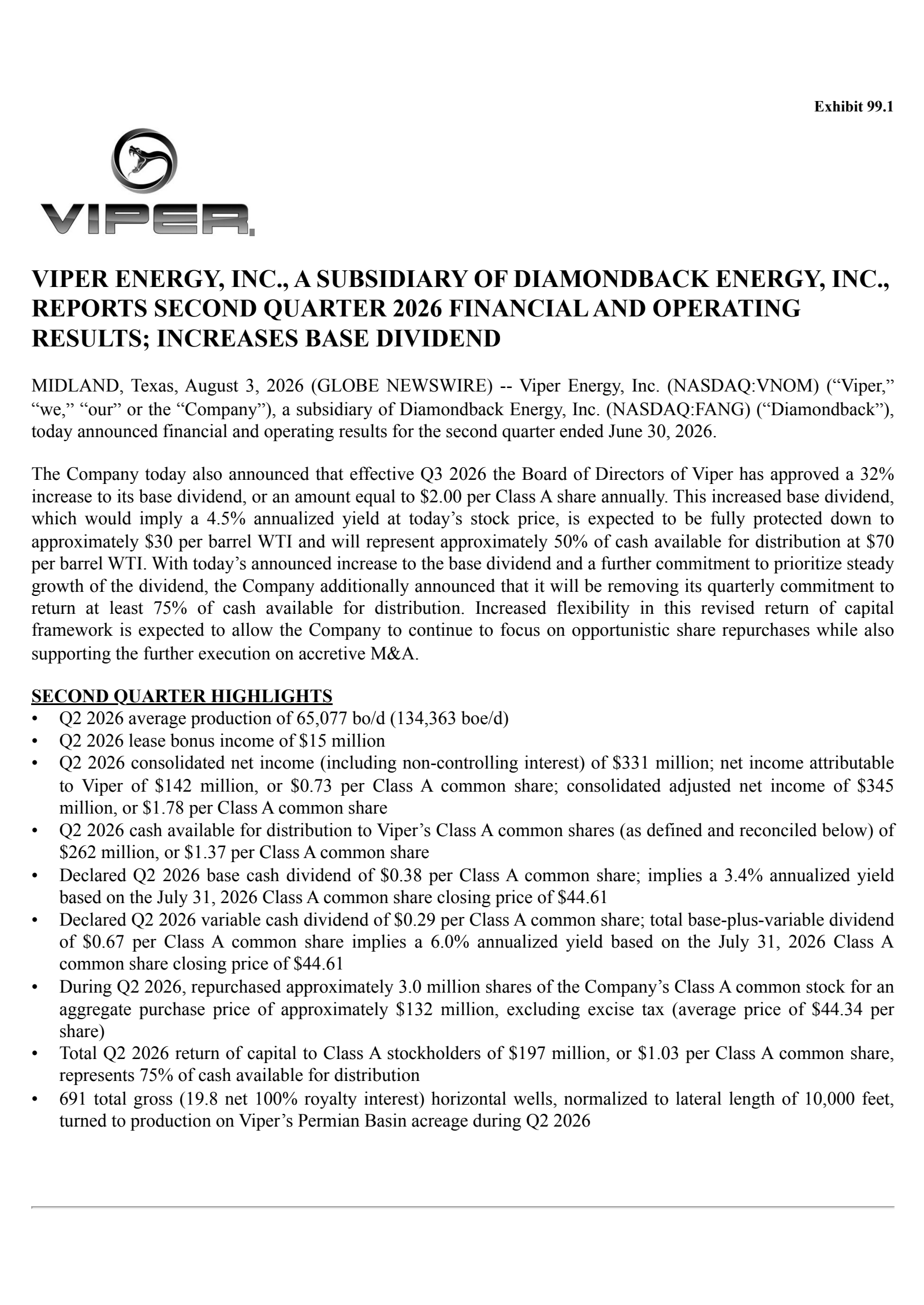 Viper Energy's Q2 2026 Press Release