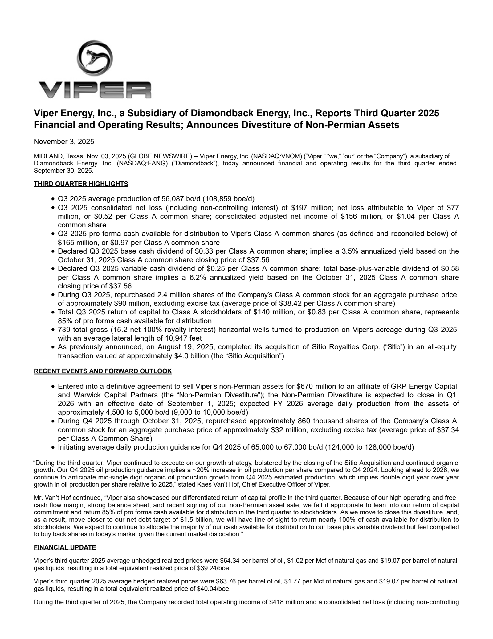 Viper Energy's Q3 2025 Earnings Release