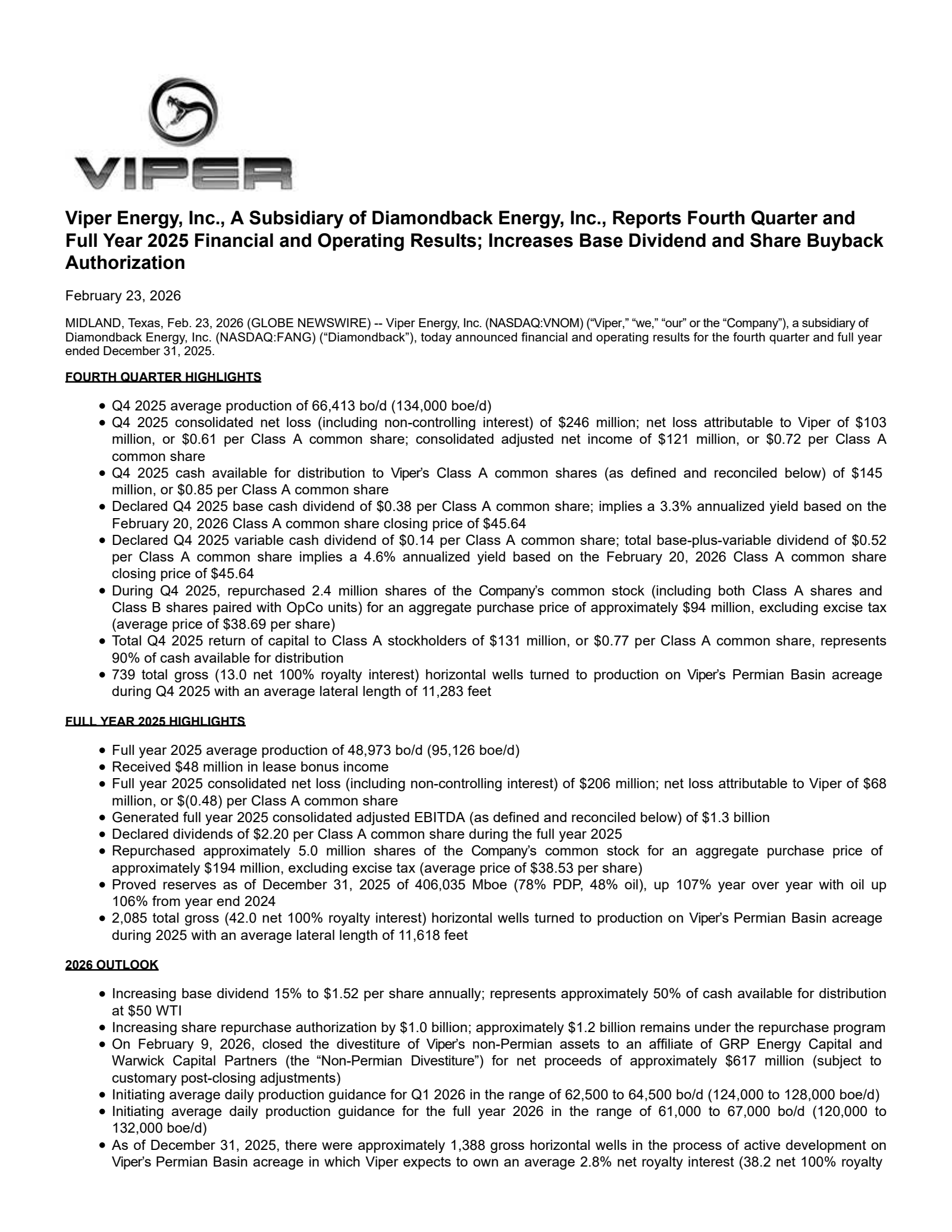 Viper Energy's Q4 2025 Press Release