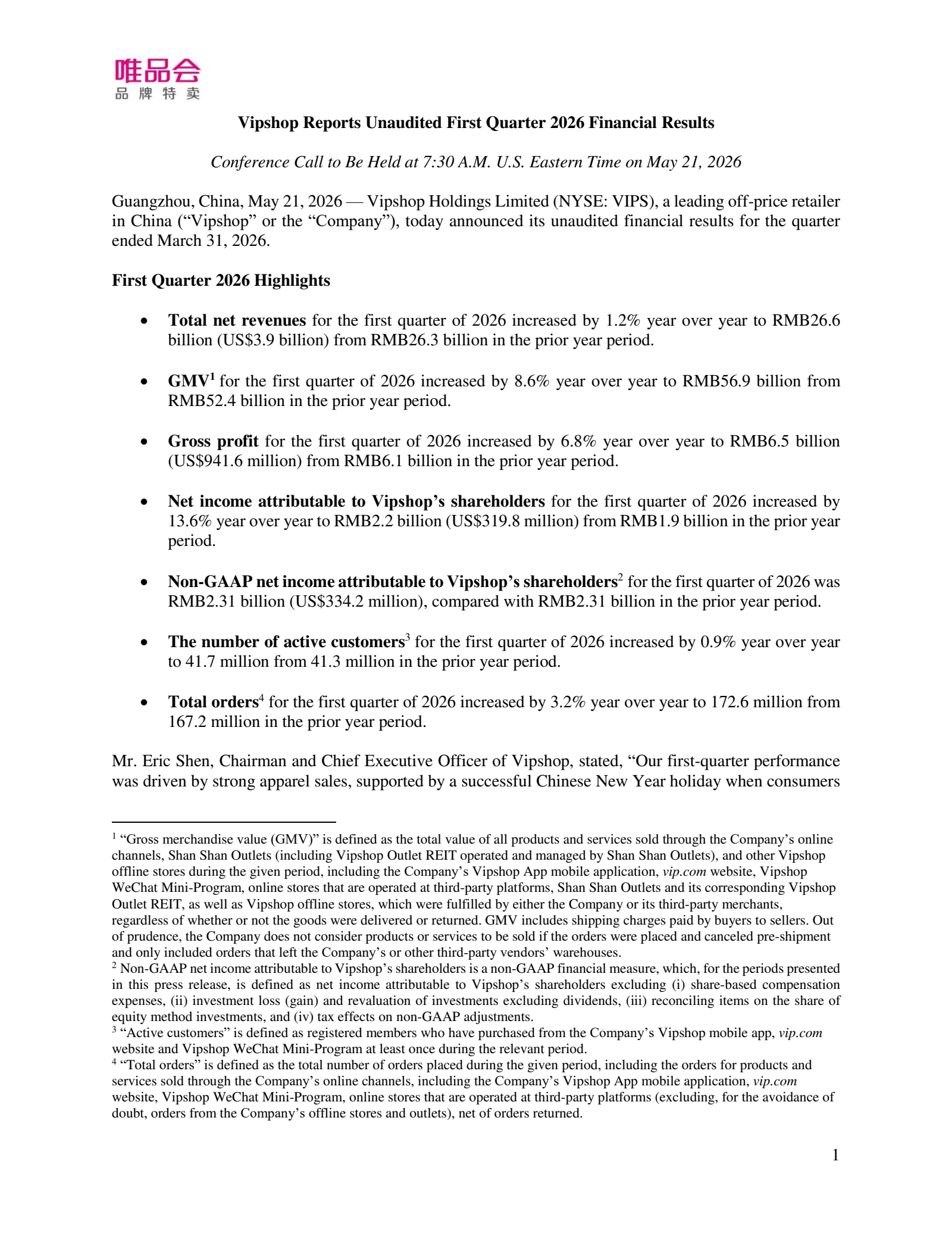 Vipshop's Q1 2026 Press Release