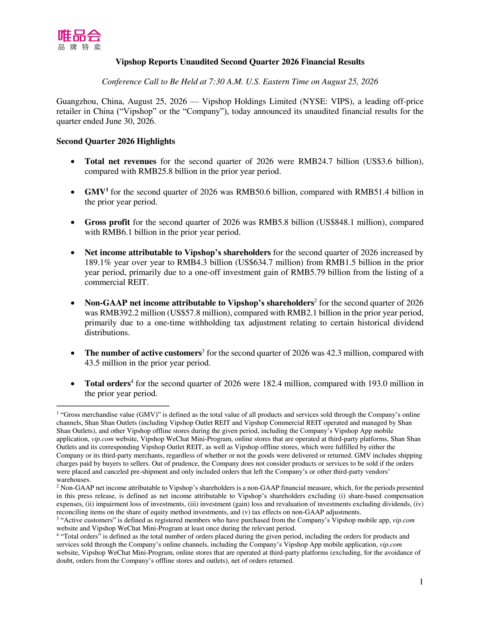 Vipshop's Q2 2026 Press Release