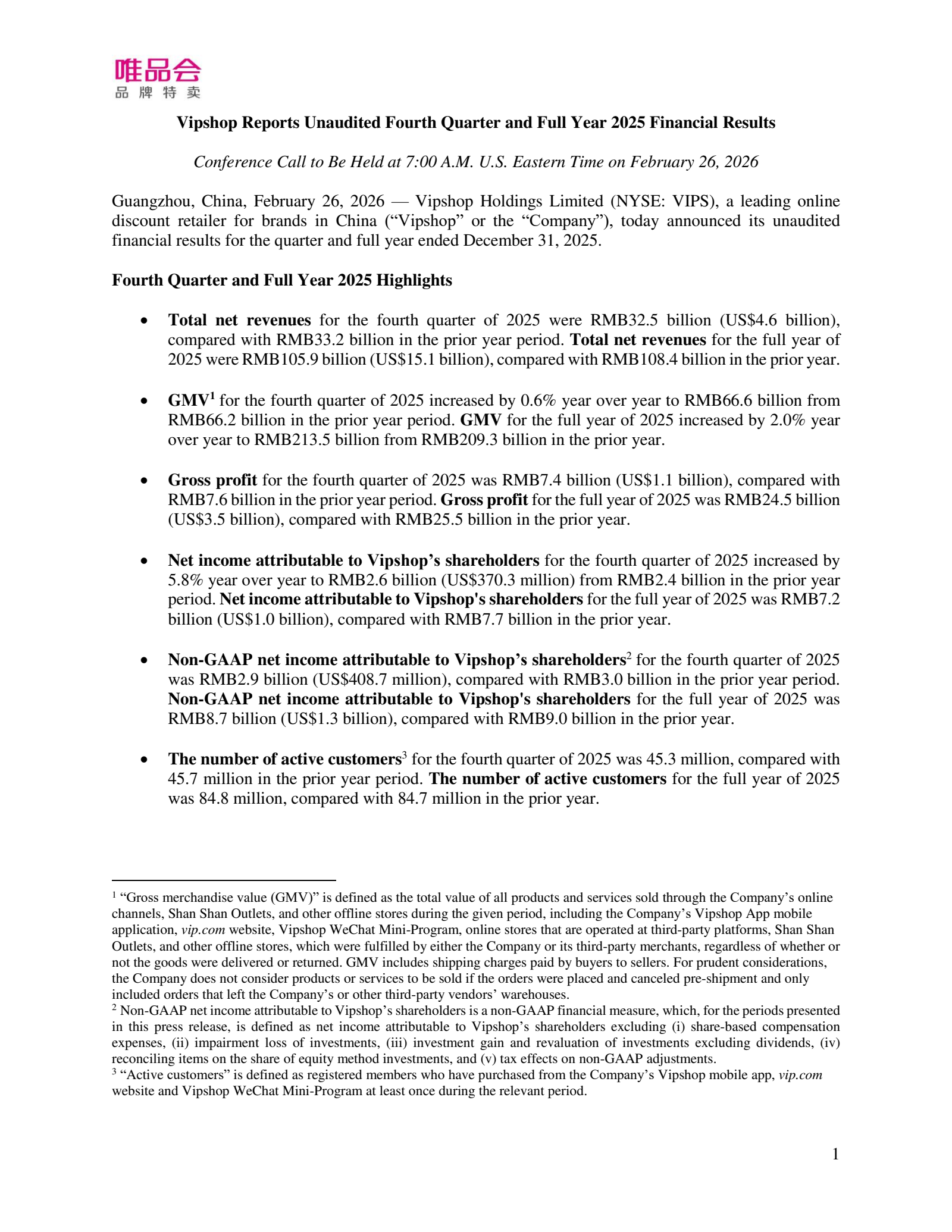 Vipshop's Q4 2025 Press Release